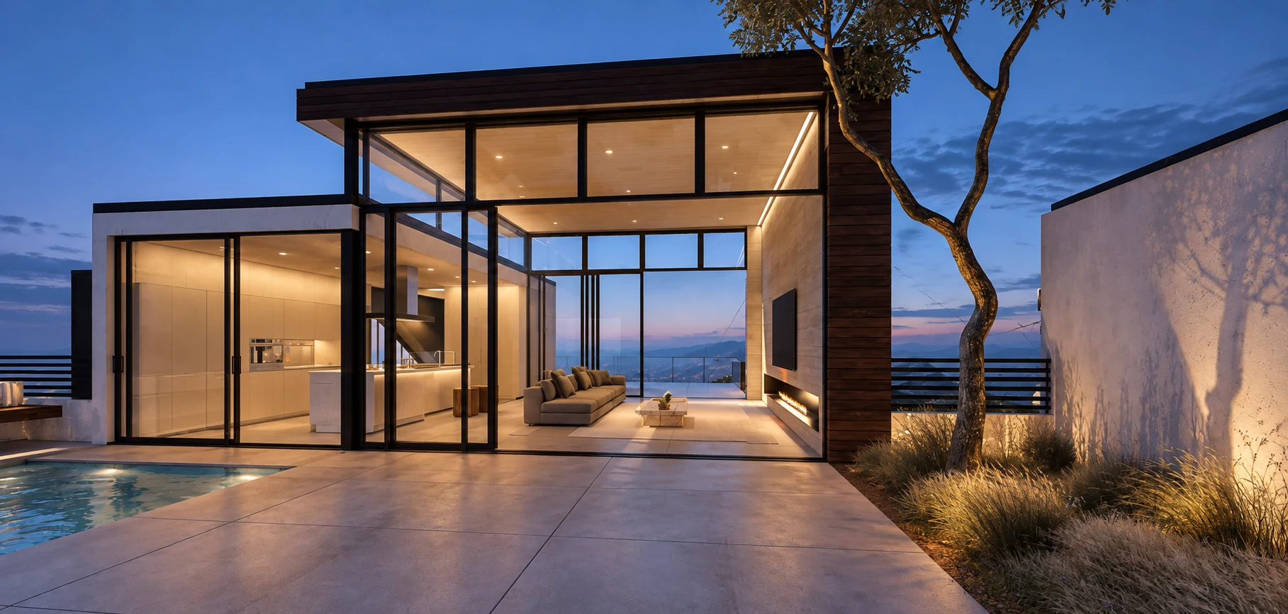 View from the rear yard through the living room to the roof deck, with the kitchen and island on the left
