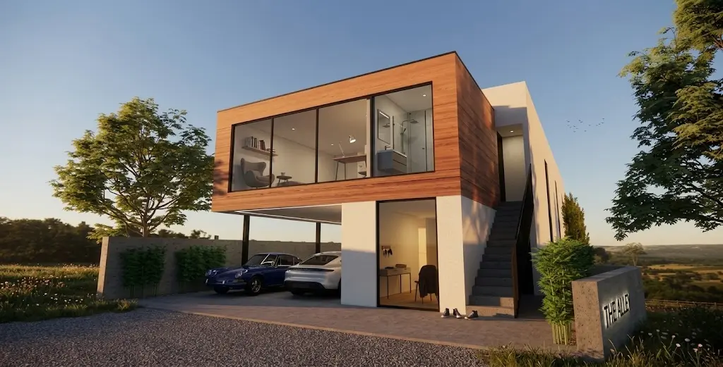 Wood-clad ADU volume above tandem parking with exterior stair access