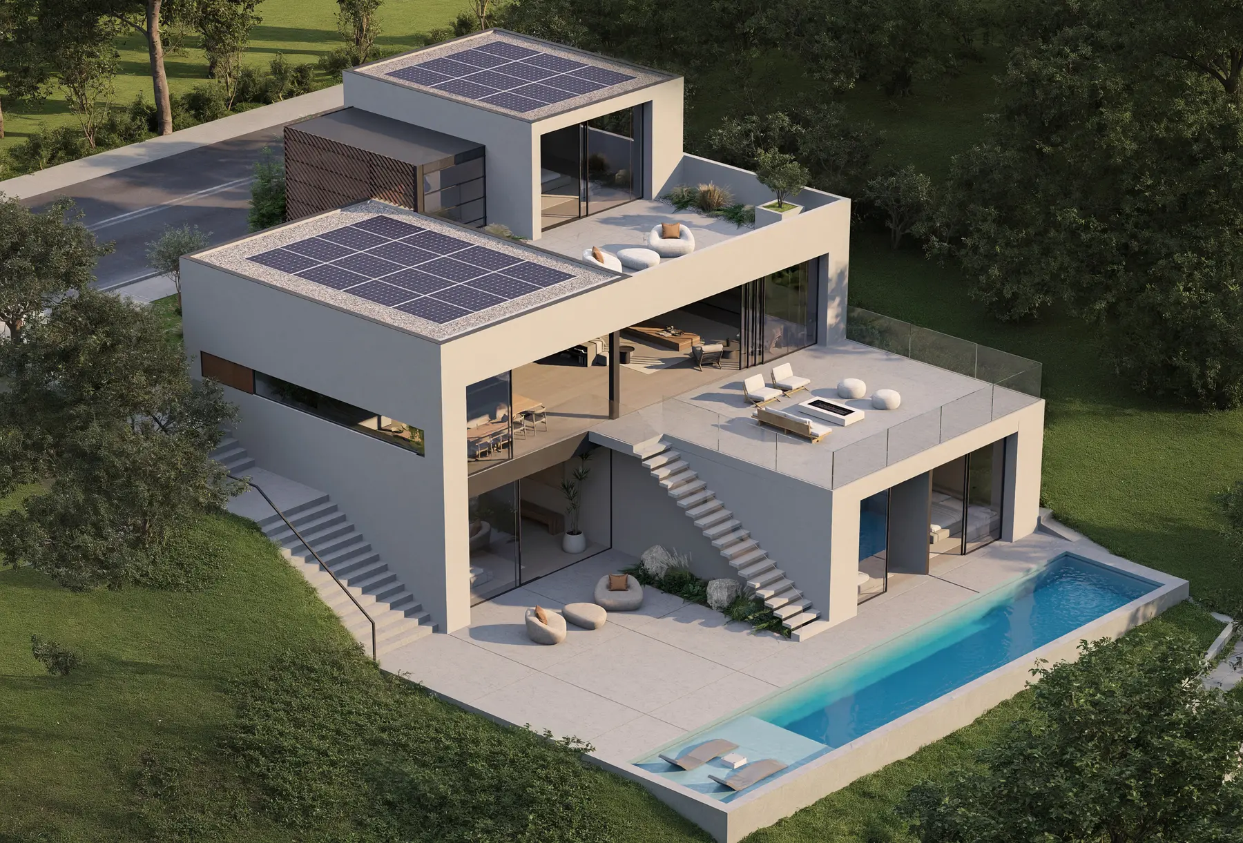 Rear garden, pool and stepped terraces