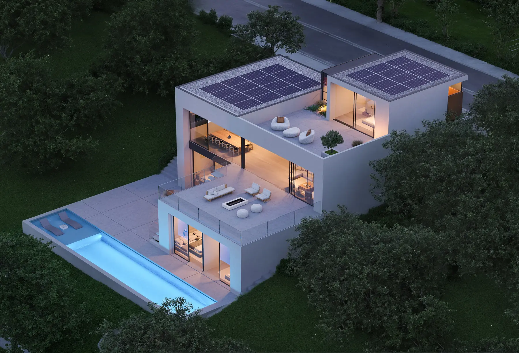 Evening aerial view of the fire-rebuild residence