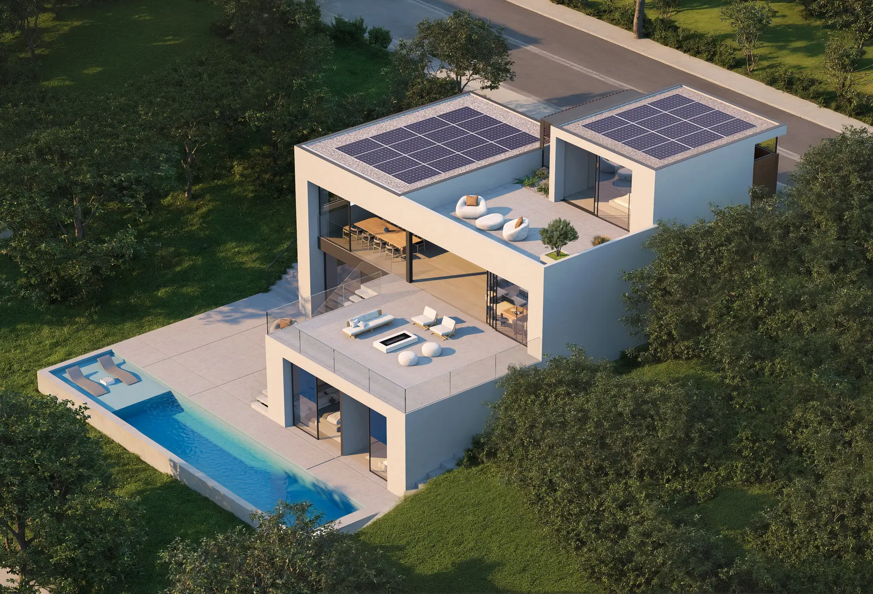 Aerial view showing roof terraces and solar panels