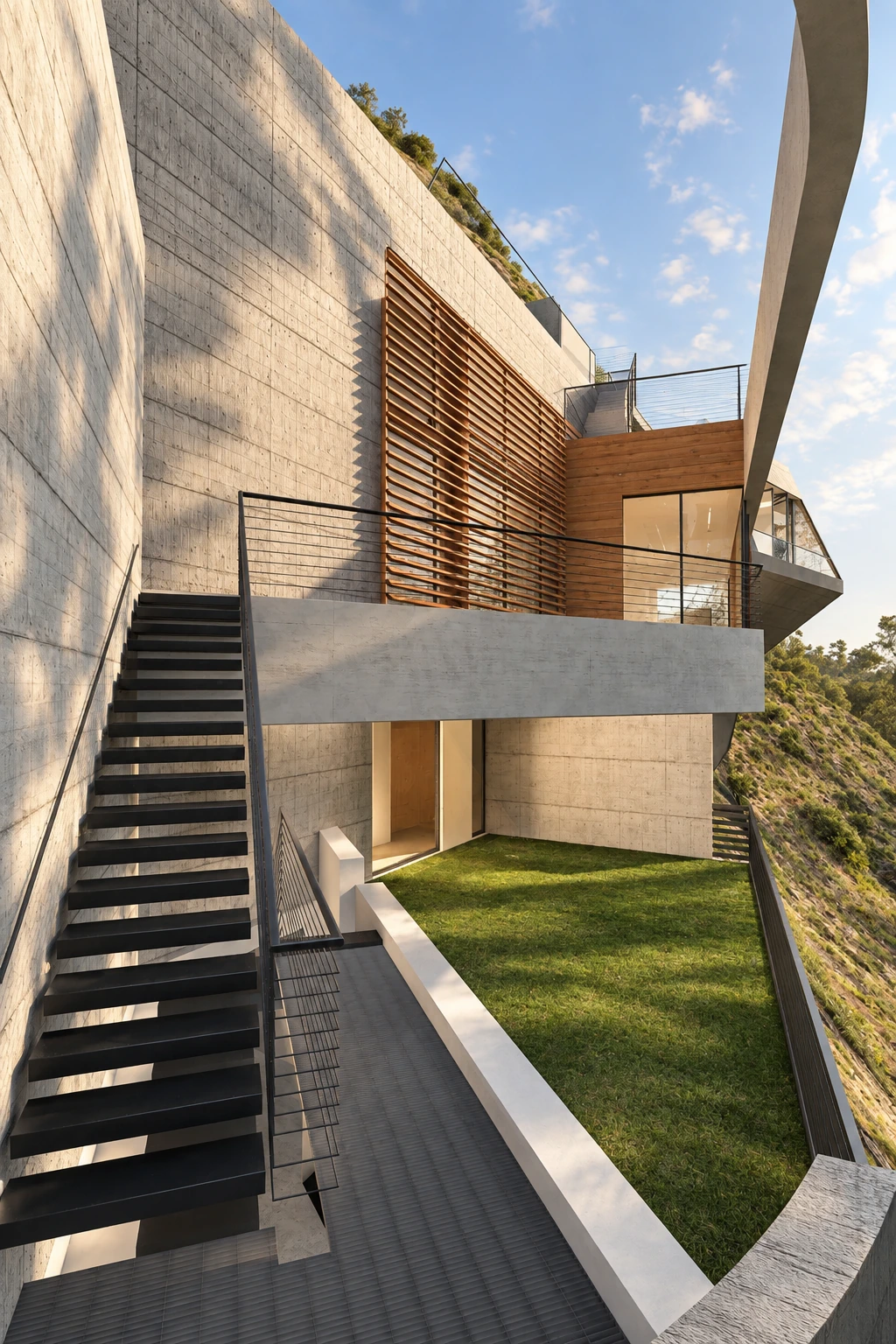 Open stair and planted courtyard between the concrete walls of 8689 Franklin