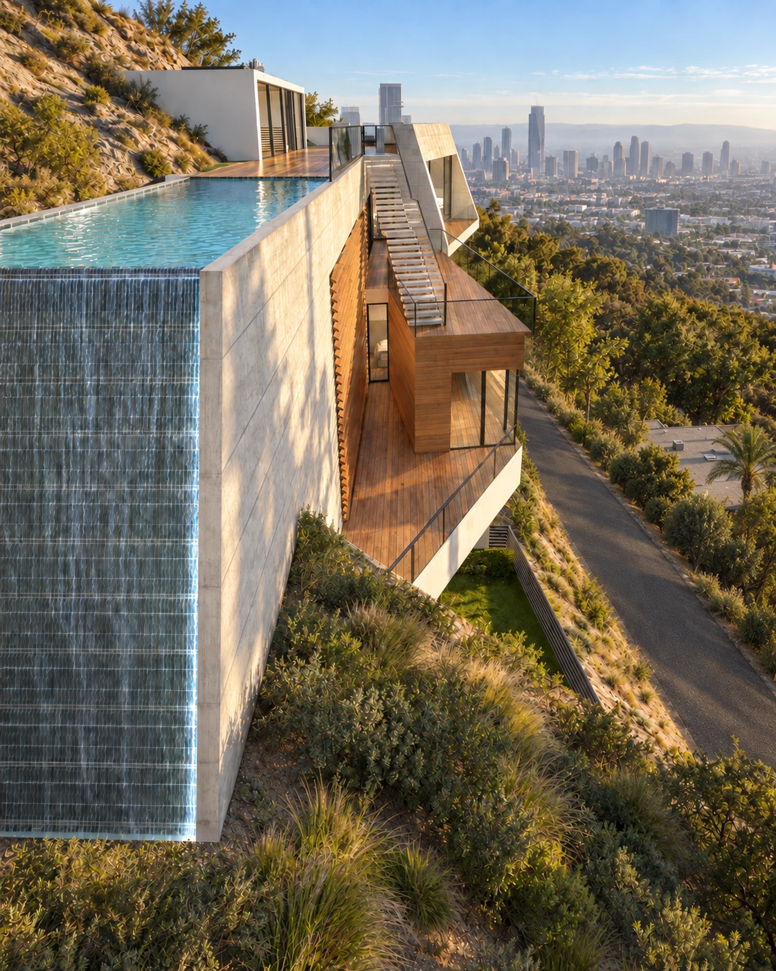 Infinity pool, thin waterfall, exterior stair and Franklin Street overlooking Los Angeles
