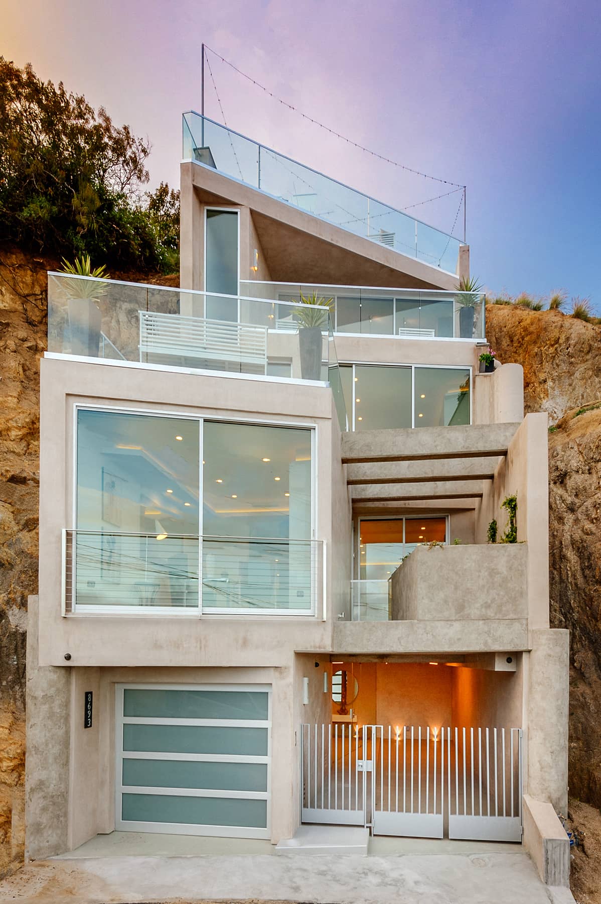 Complete front elevation of the narrow vertical residence at 8693 Franklin