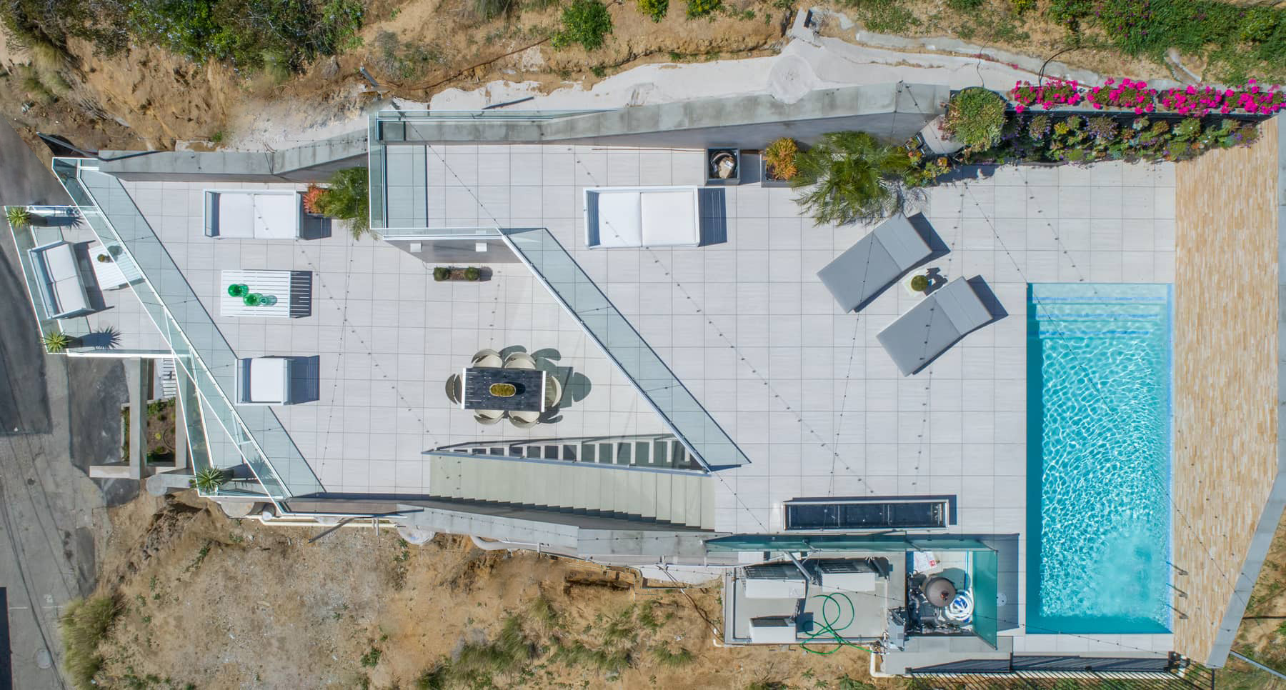 Aerial view of the roof terraces, glass guards, stair and pool