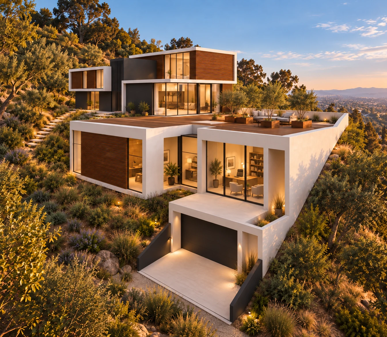 Hillside view showing the ADU below its planted roof deck and the main house above