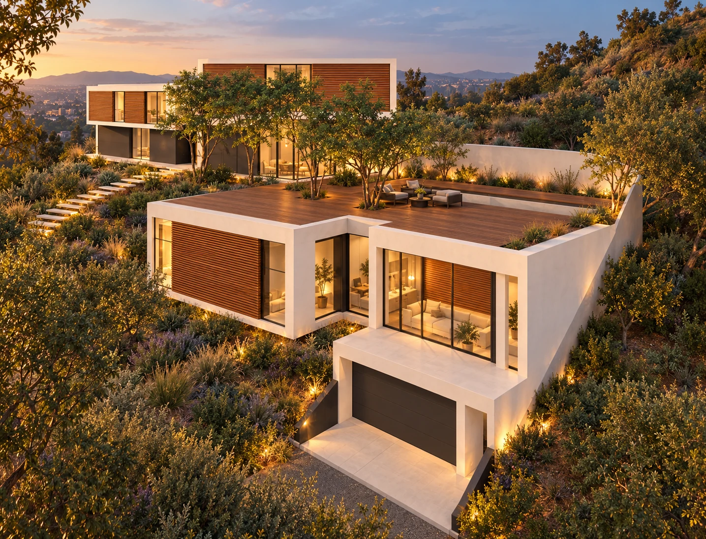 Elevated view across the ADU roof courtyard toward the main house