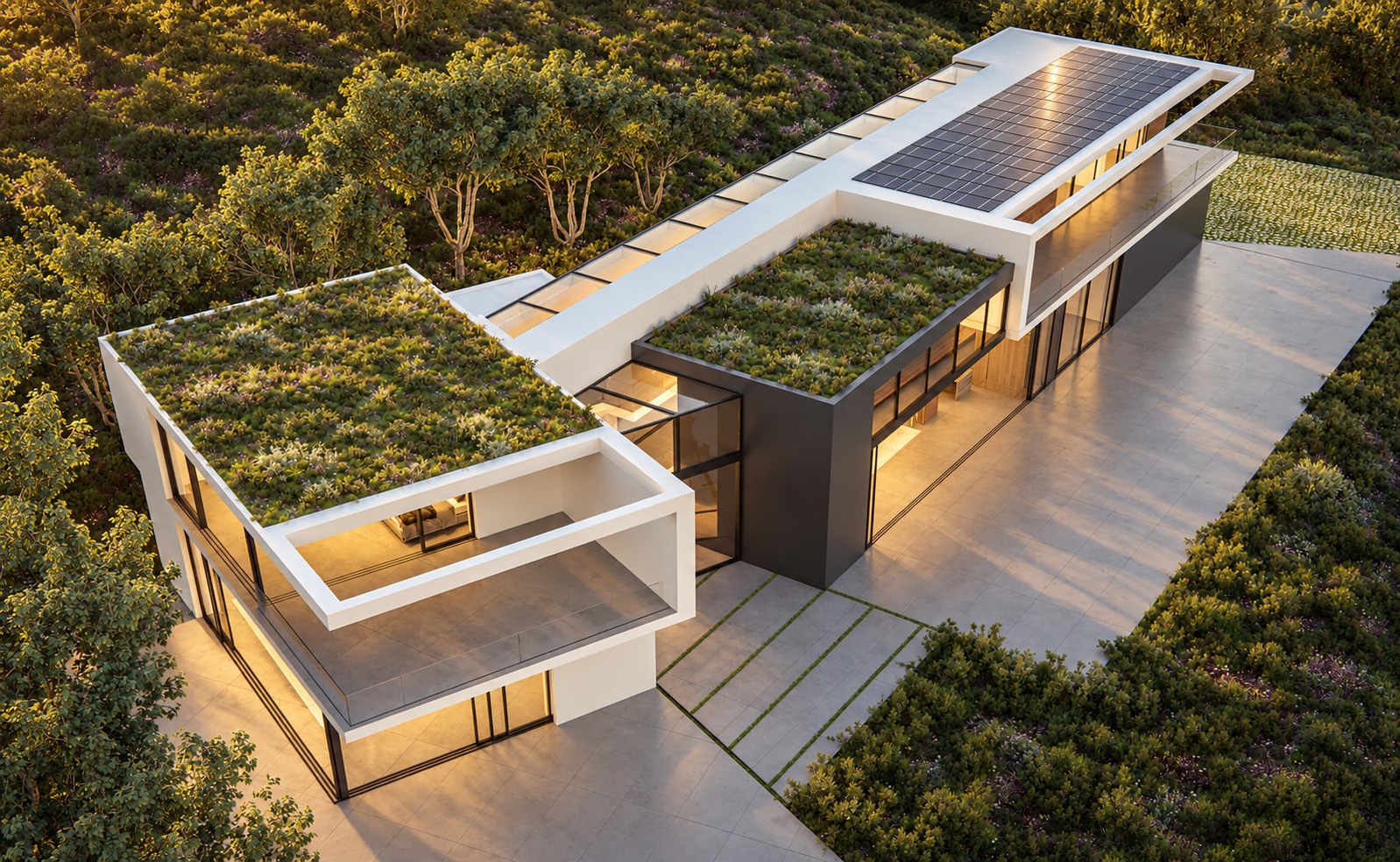 Aerial view of courtyard and green roofs