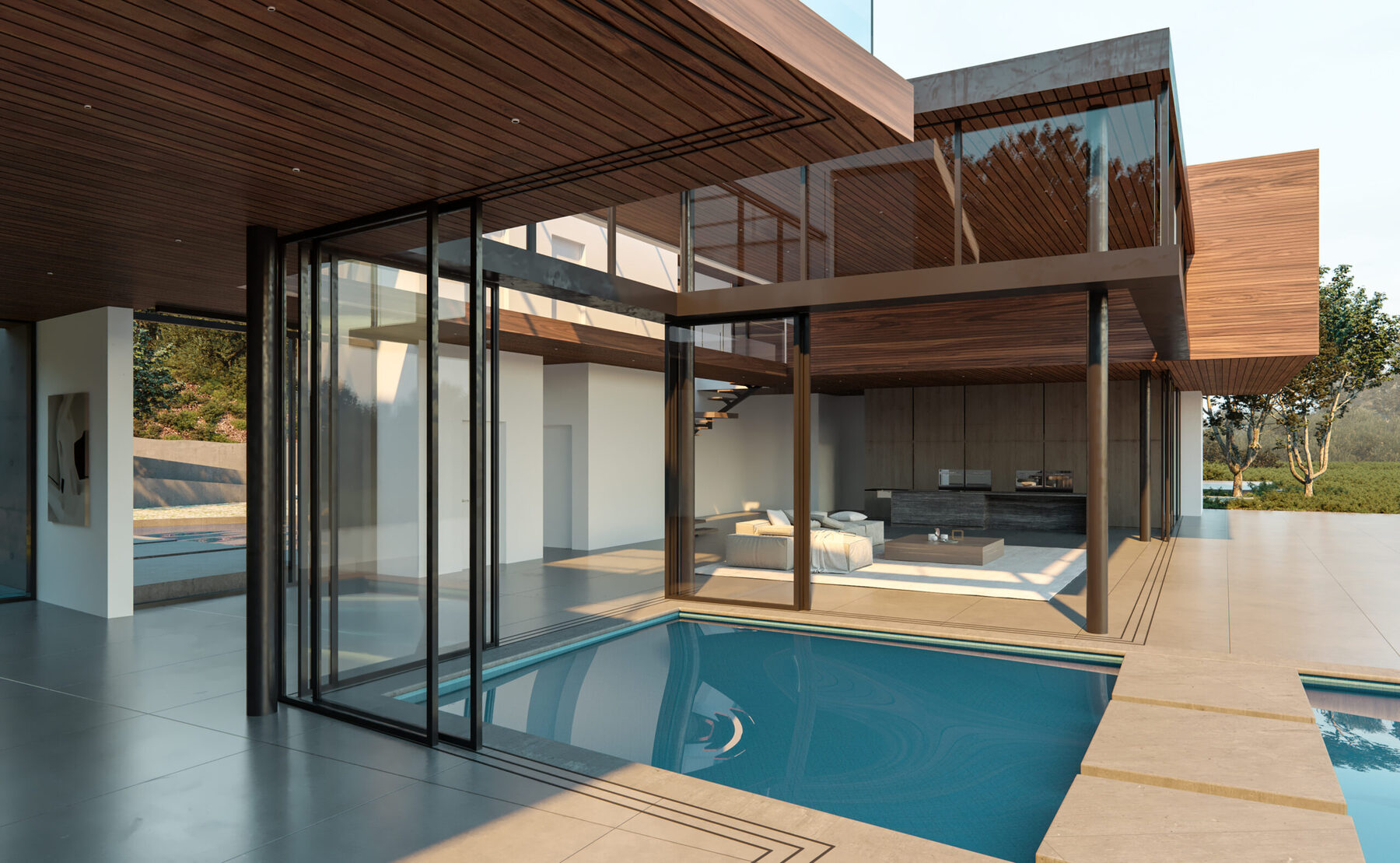 Operable glass walls beside the pool