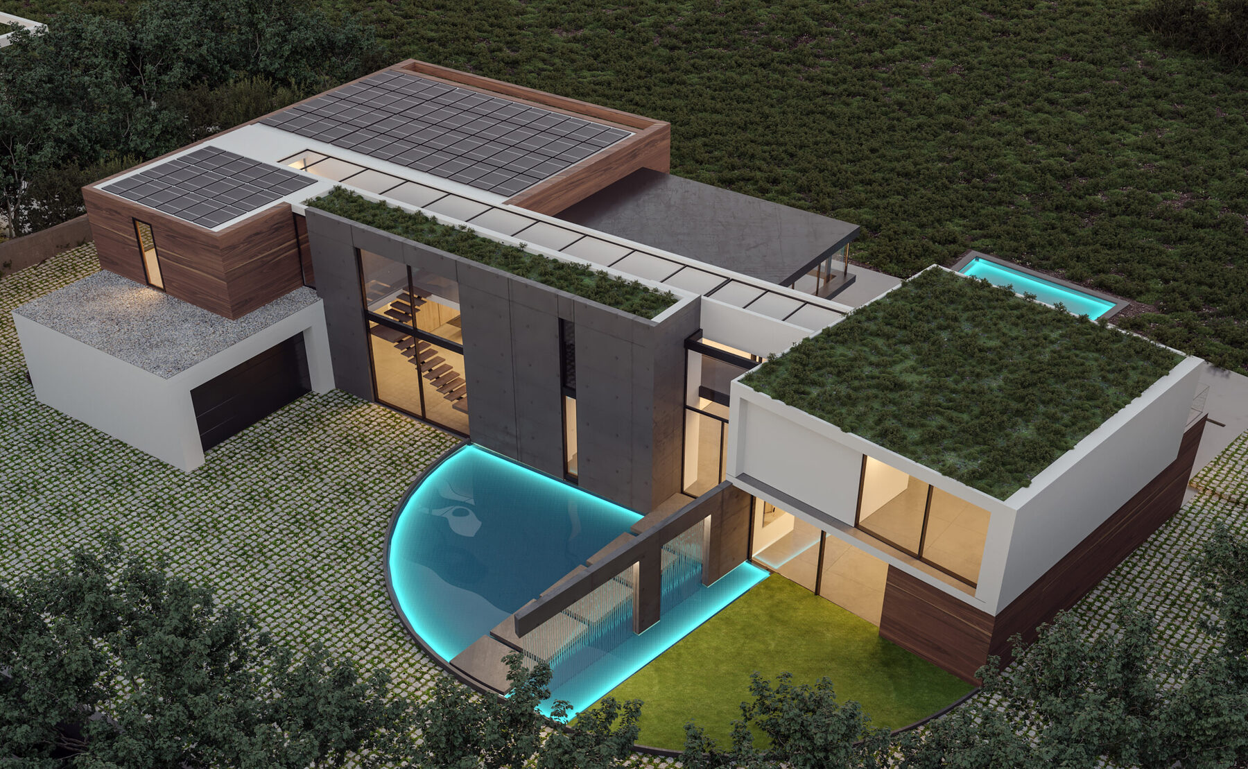 Aerial view of planted roofs and courtyard