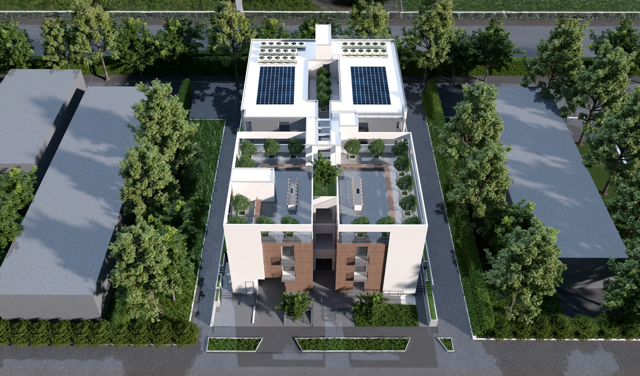 Top aerial view of the building and roof gardens