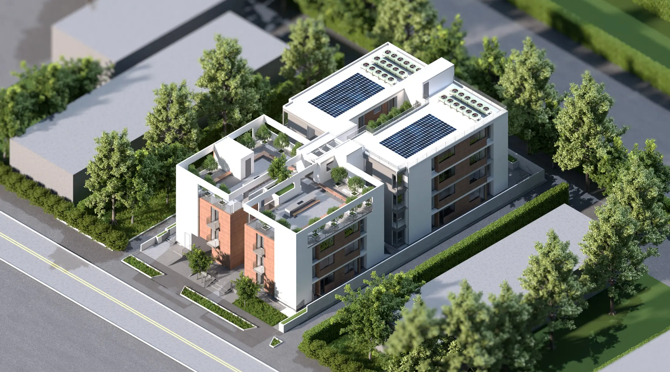 Aerial perspective showing the two residential volumes