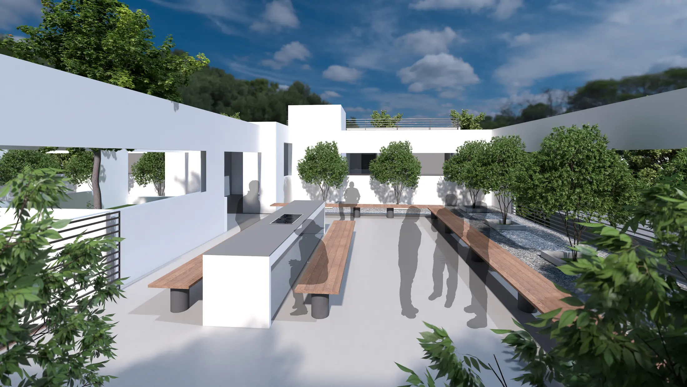 Landscaped communal roof terrace with seating