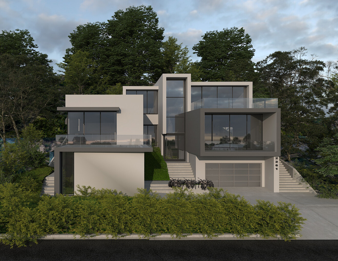 Frontal street elevation of the Bowmont residence and ADU