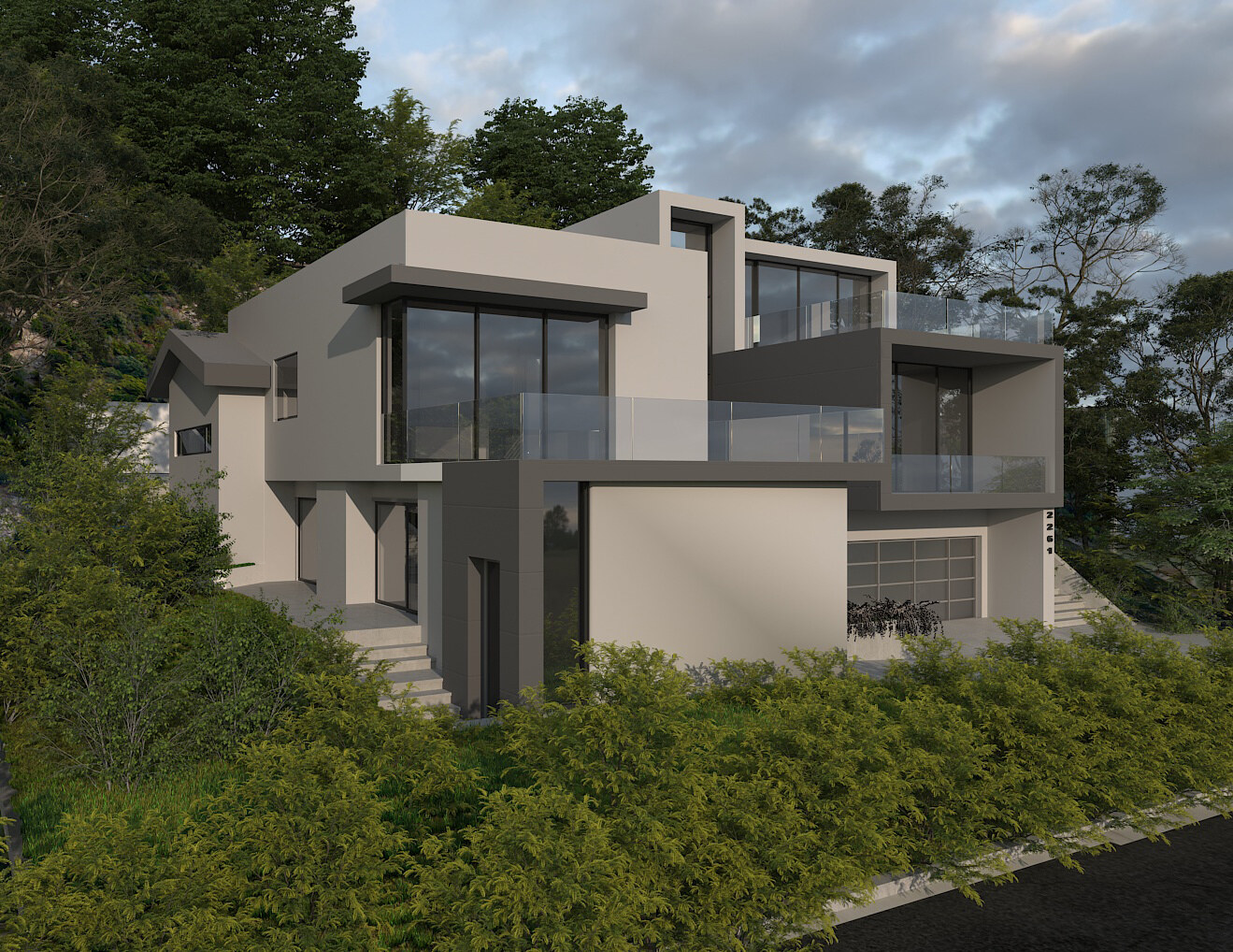 Oblique view showing stacked terraces and framed glass rooms