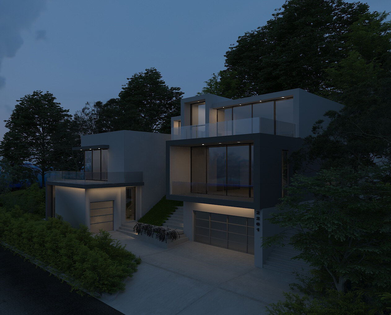 Bowmont residence illuminated at evening