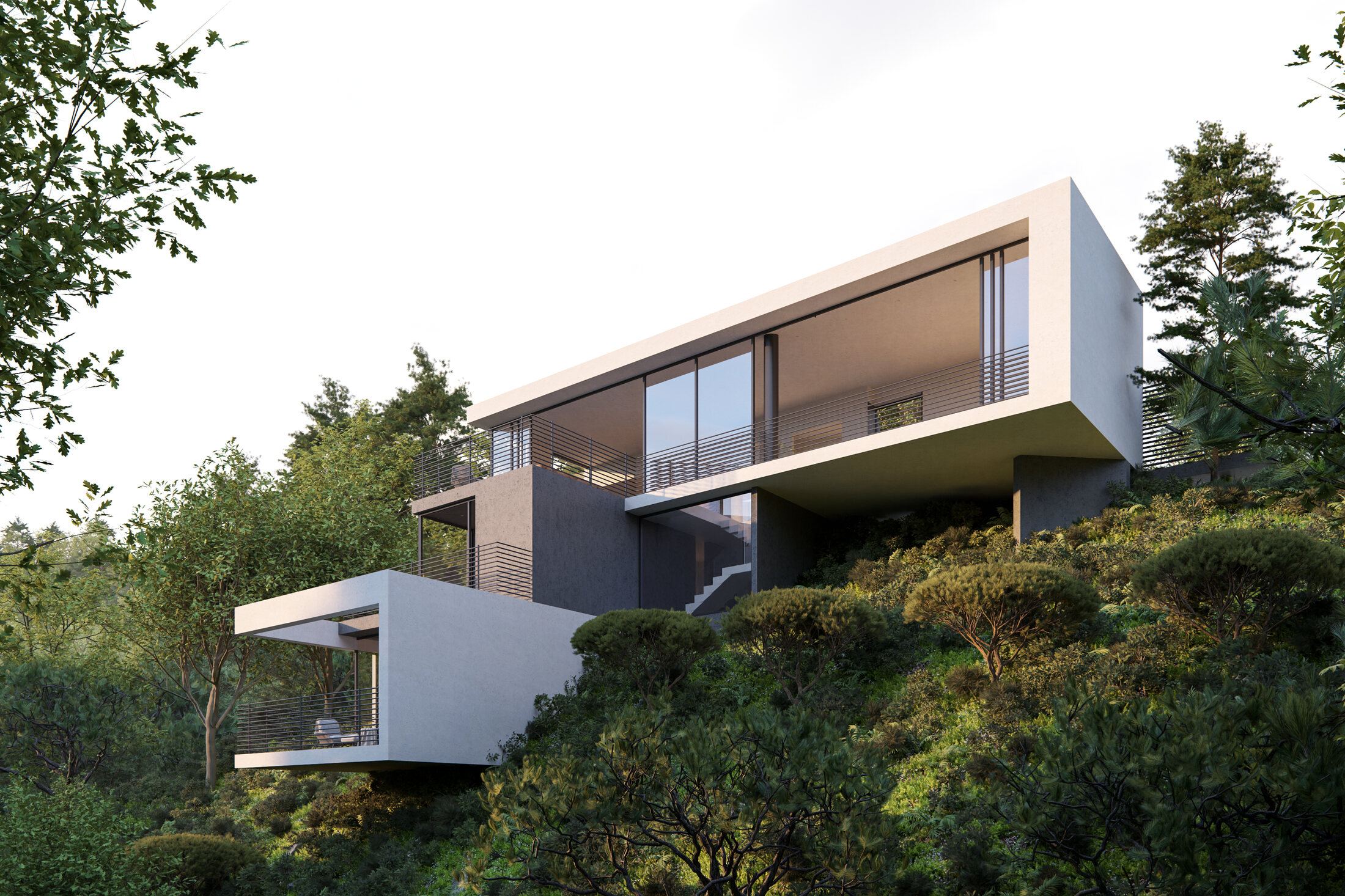 Hillside elevation with layered white volumes