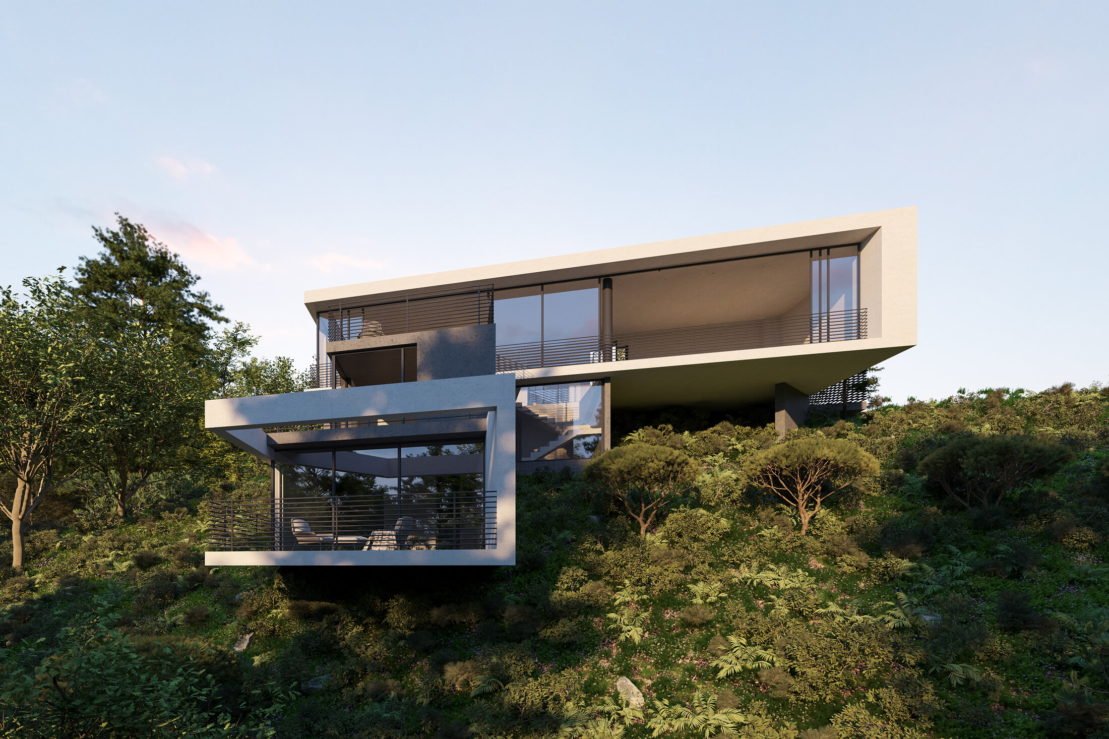 Terraced residence viewed from below the slope