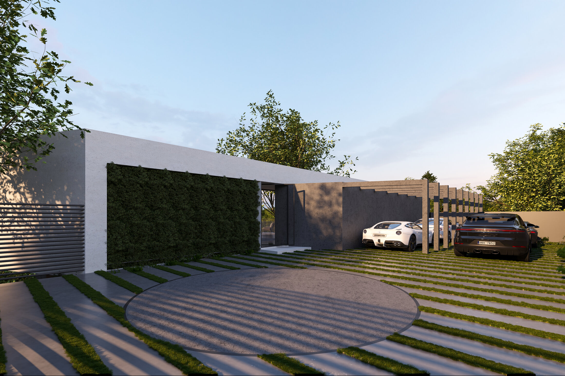 Upper arrival court with permeable paving and living wall