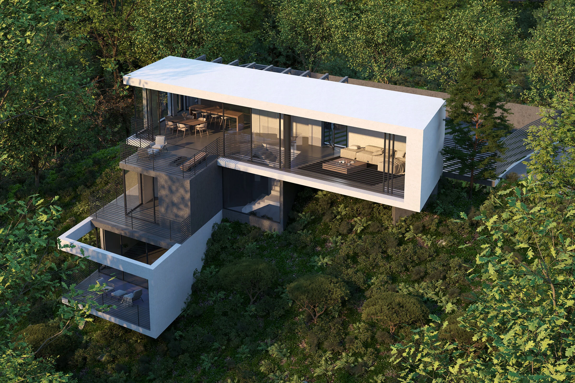 Aerial view of the house stepping down through the trees
