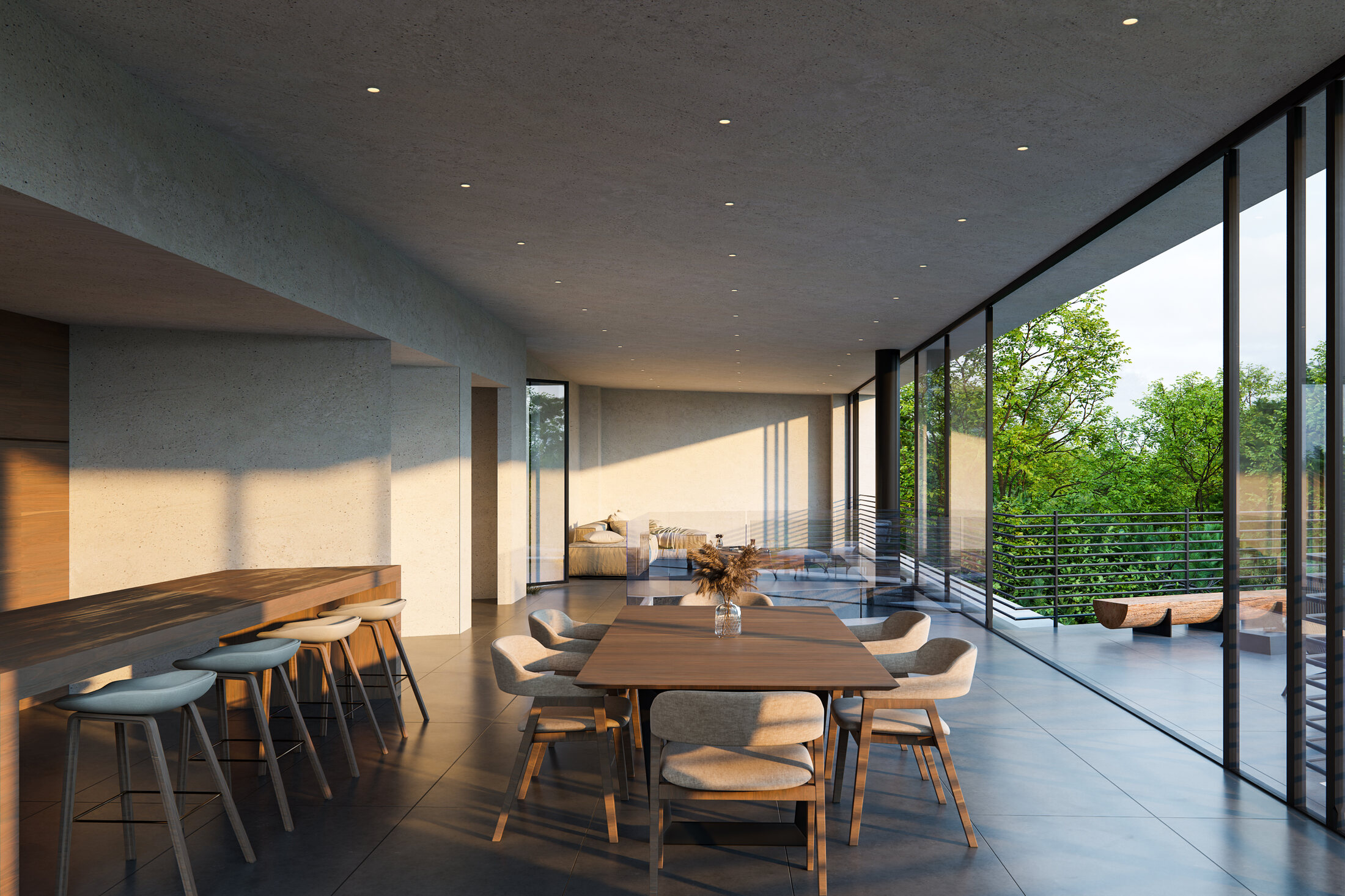 Open dining and living space beside full-height glass