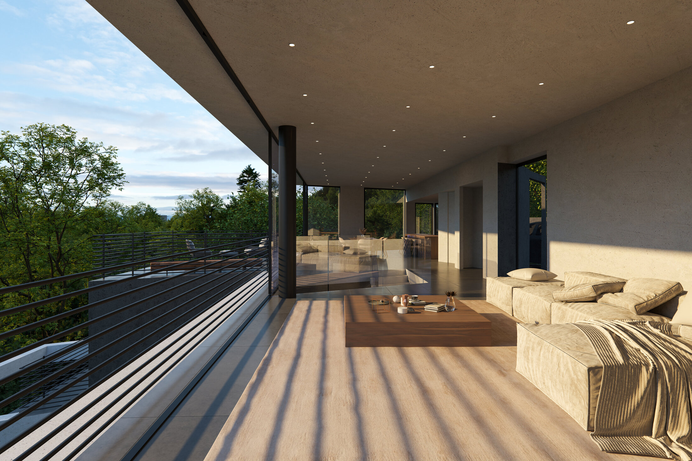 Covered living terrace overlooking the wooded hillside