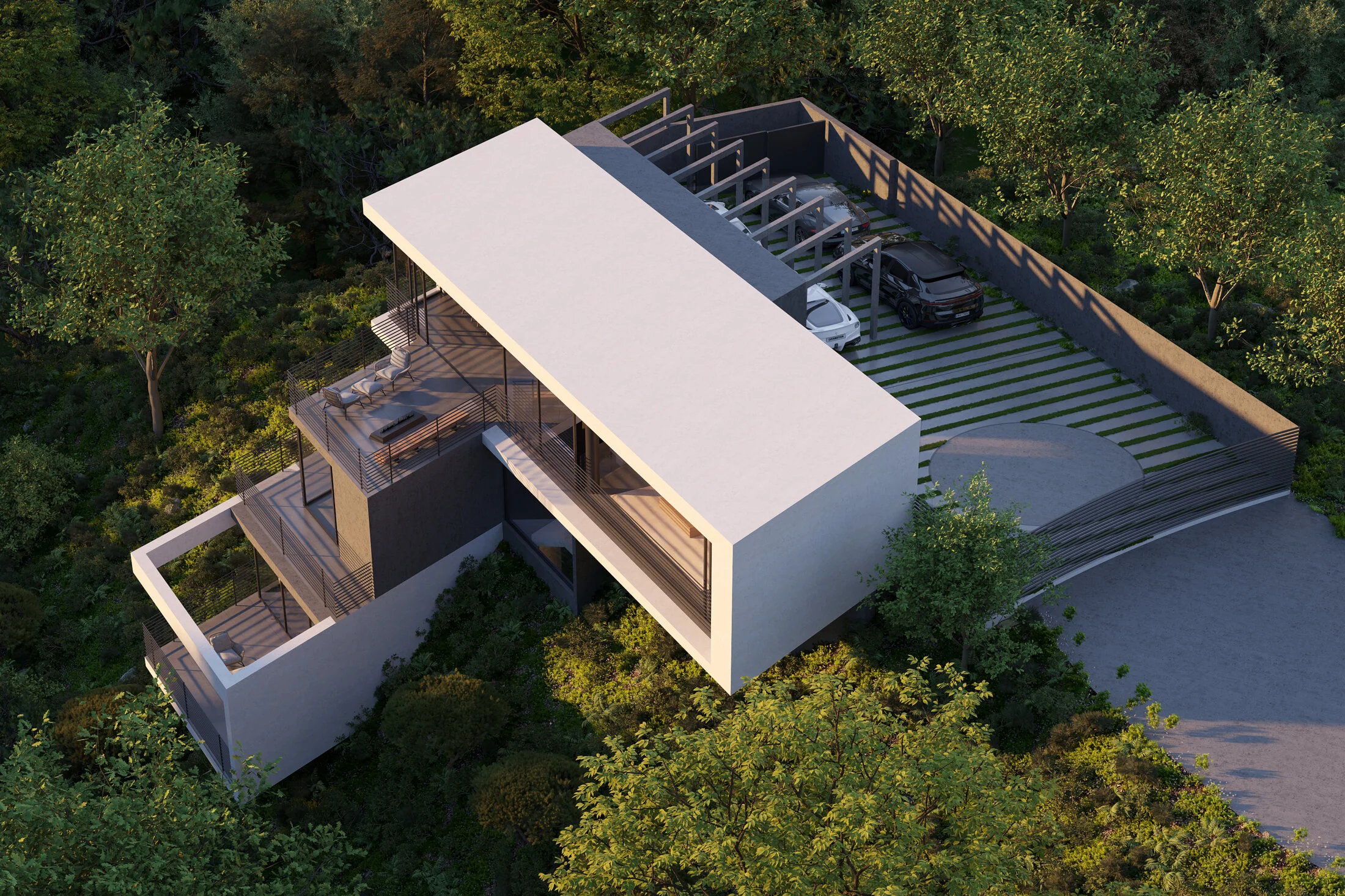 Upper aerial view showing the linear roof and arrival court