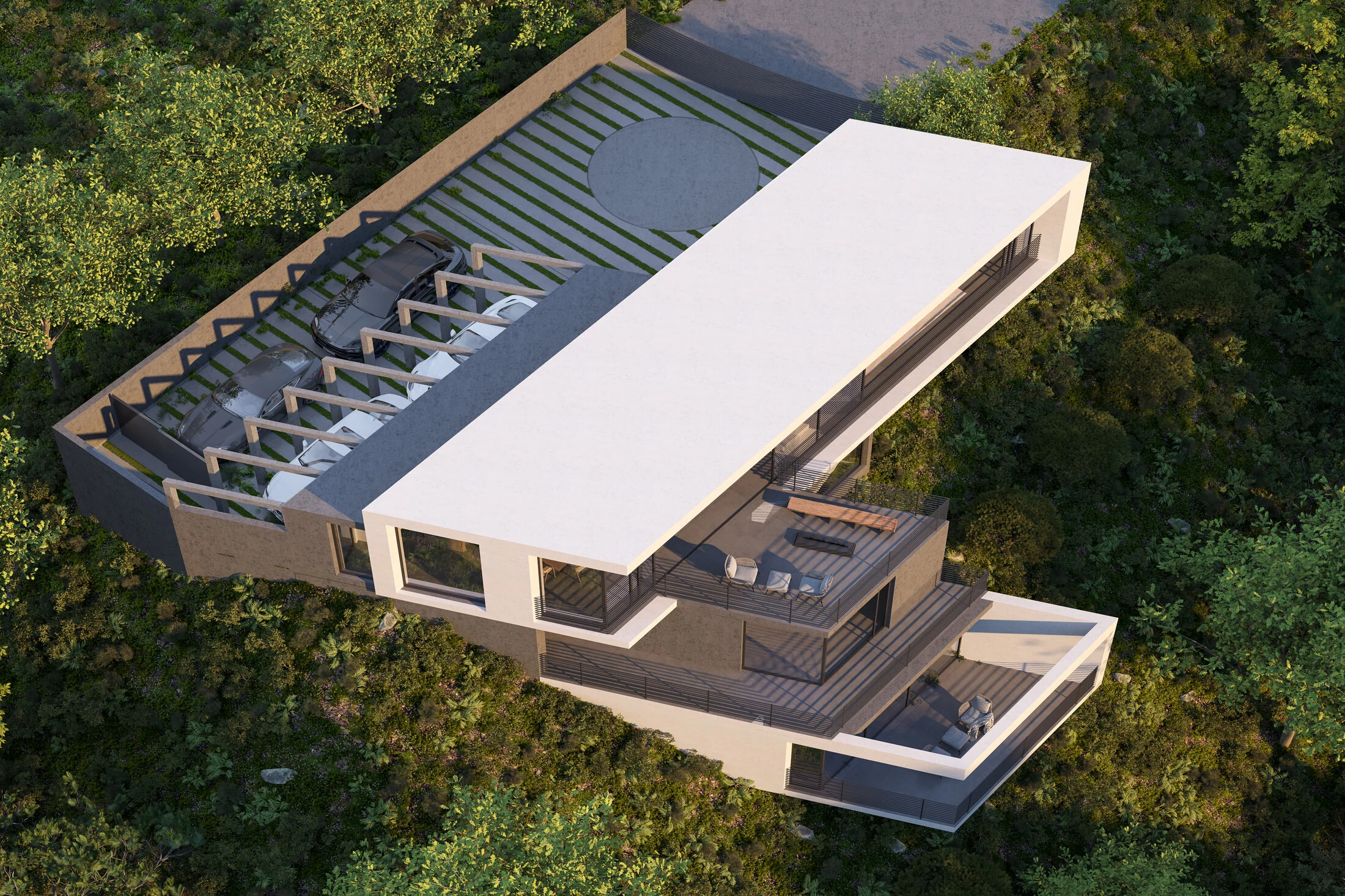 Aerial view showing terraces and pergola along the hillside