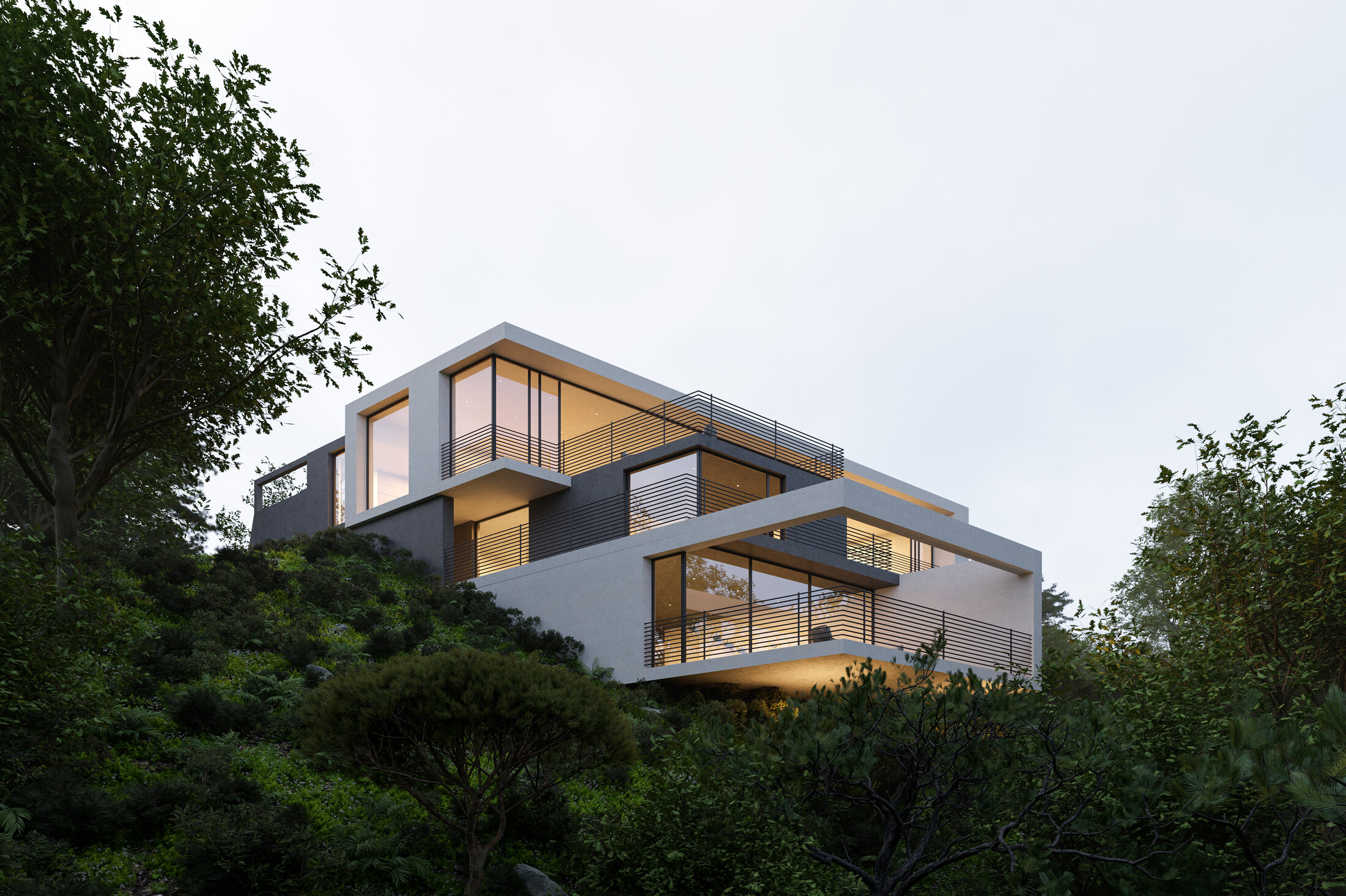 Evening oblique view with illuminated terraces