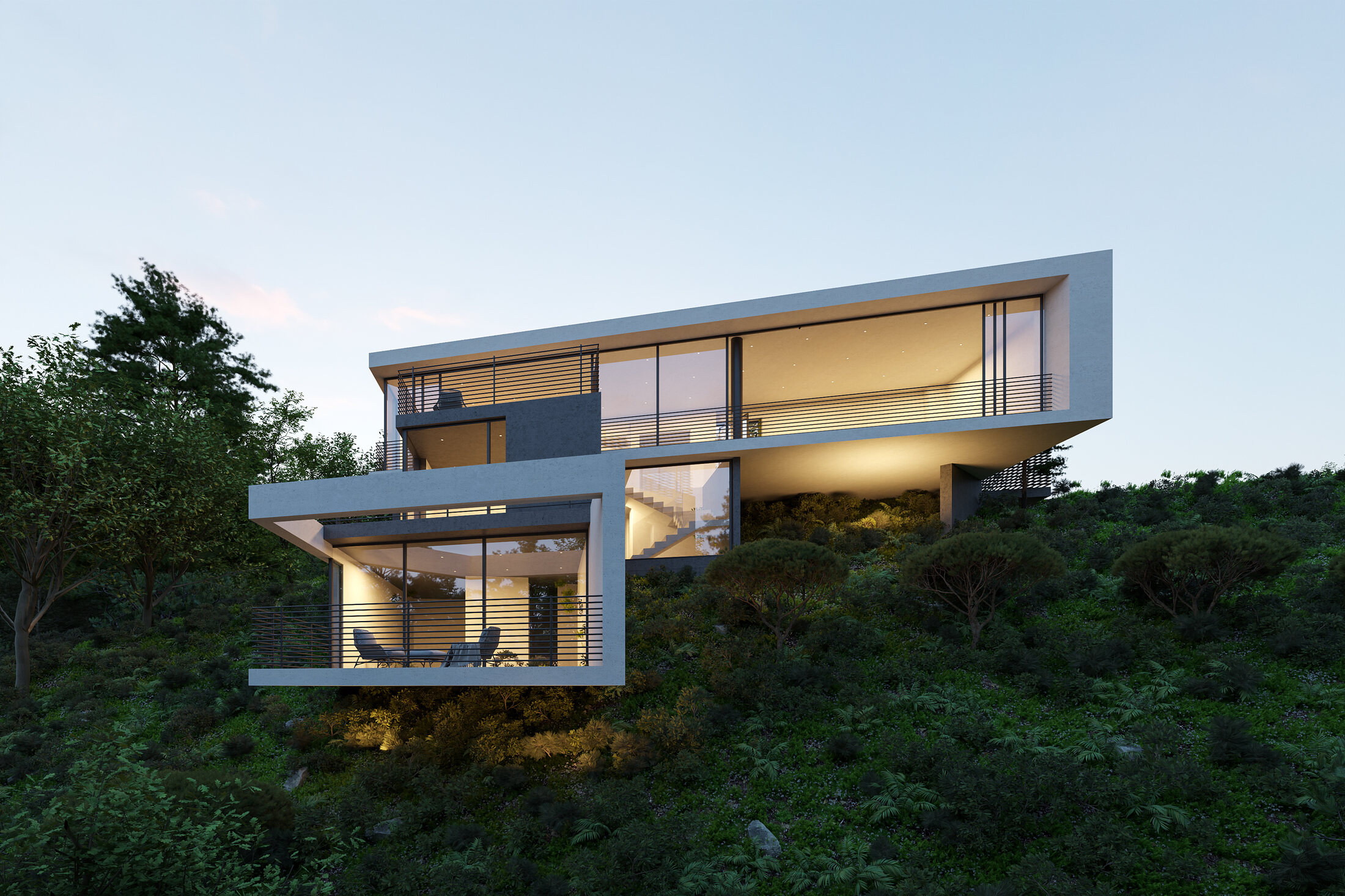 Evening view of the house from below the slope