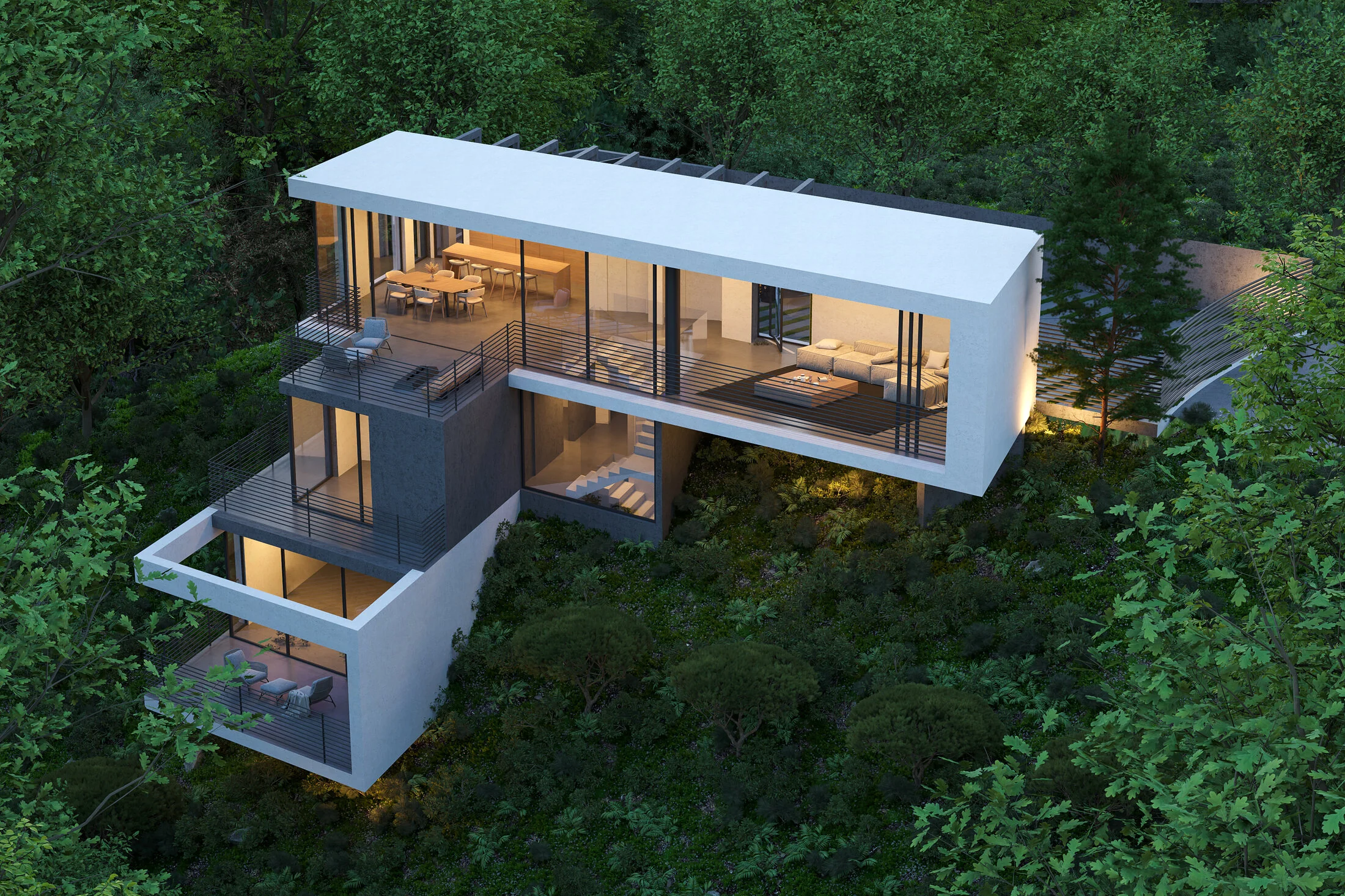 Evening aerial view of stacked living spaces