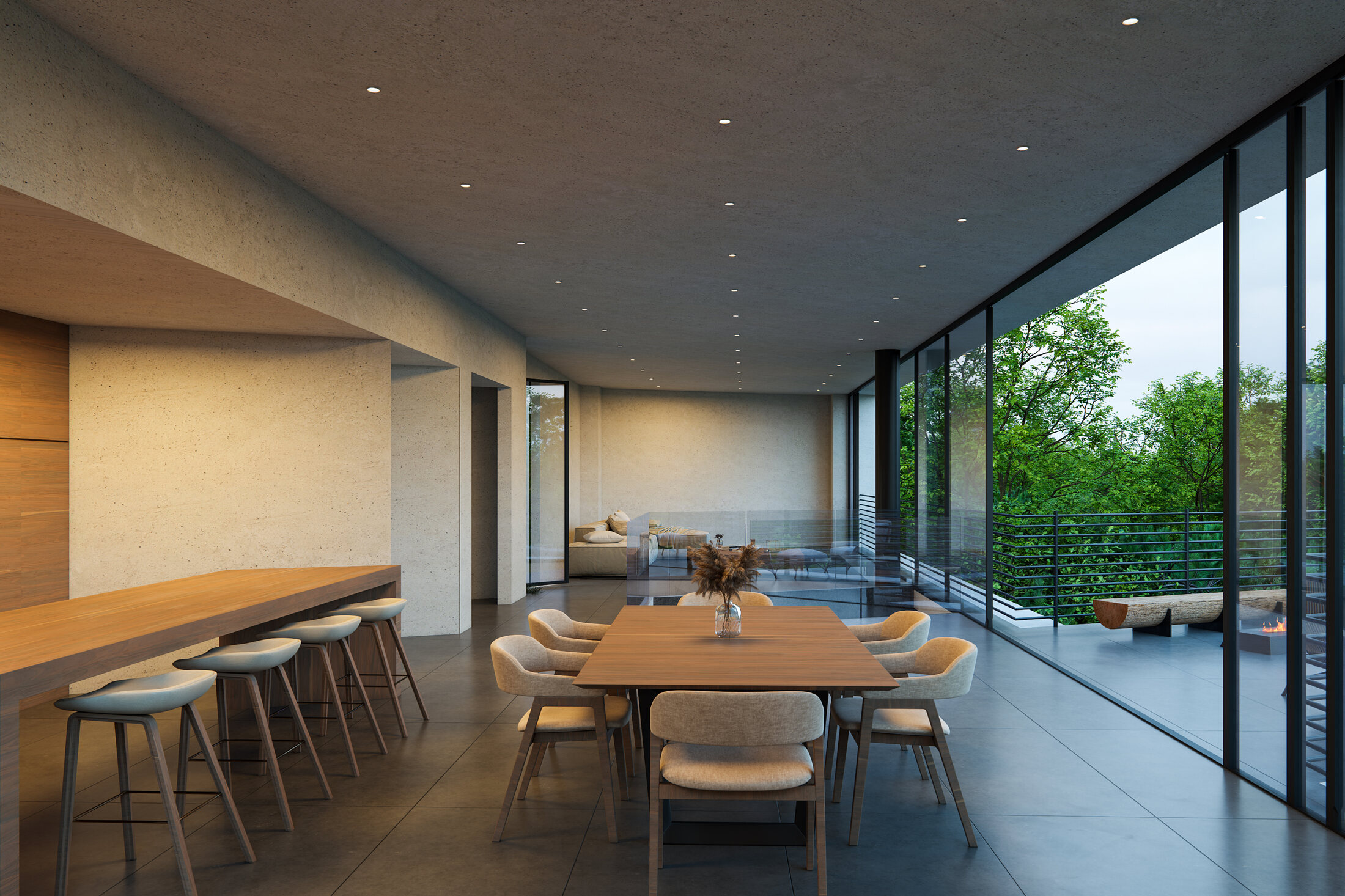 Warm interior living and dining space at evening