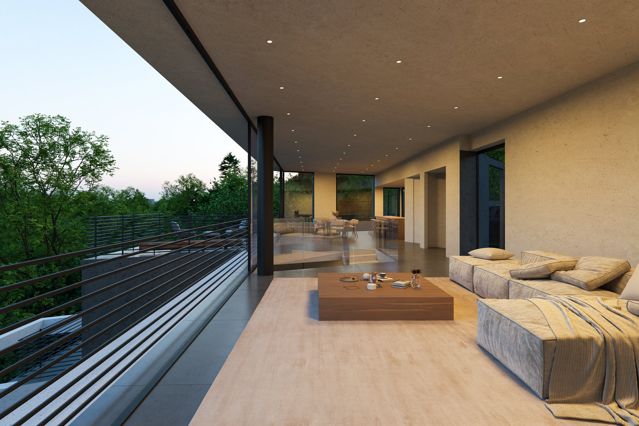 Covered terrace with warm interior lighting
