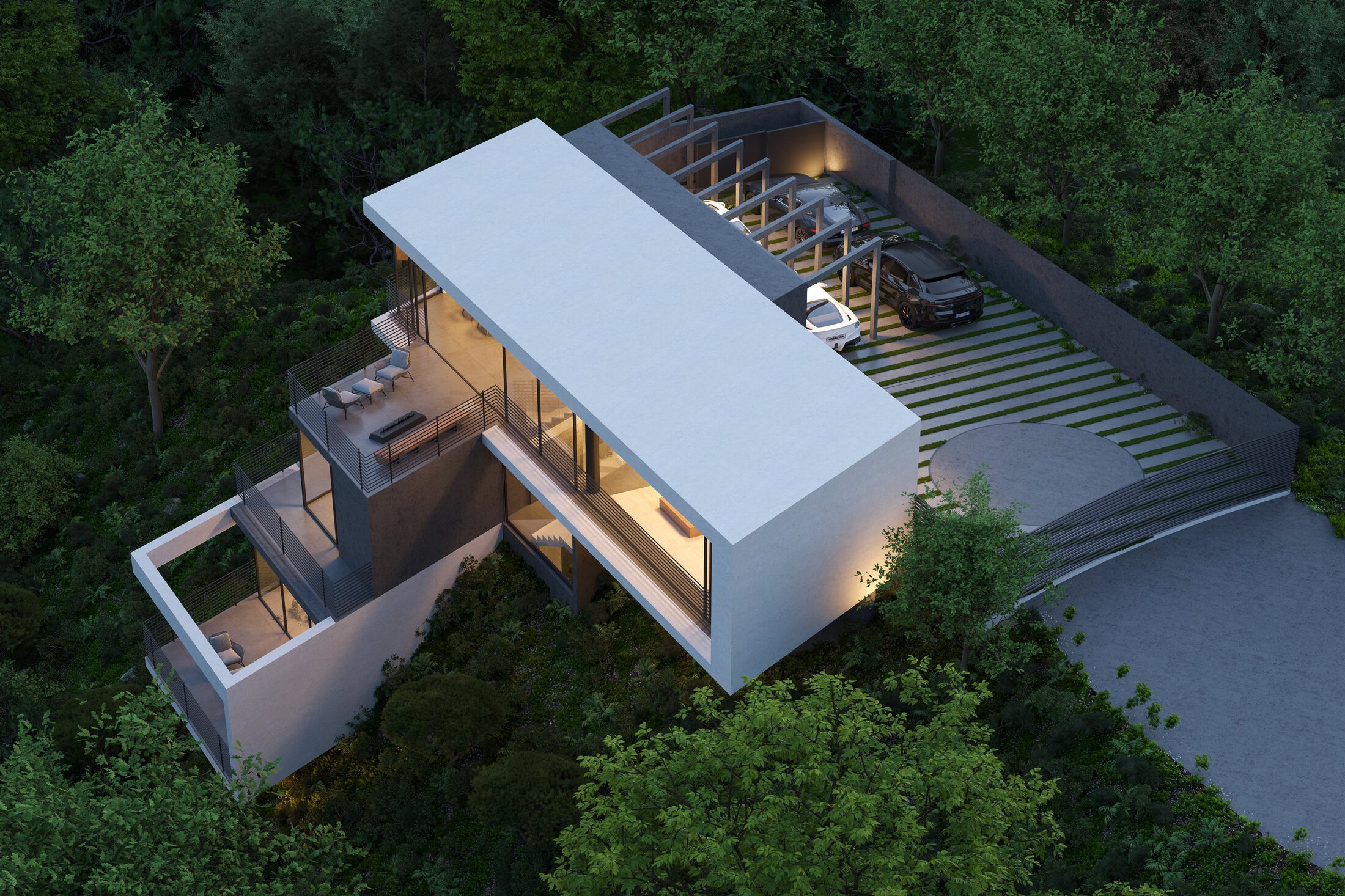 Evening aerial showing the roof and illuminated arrival