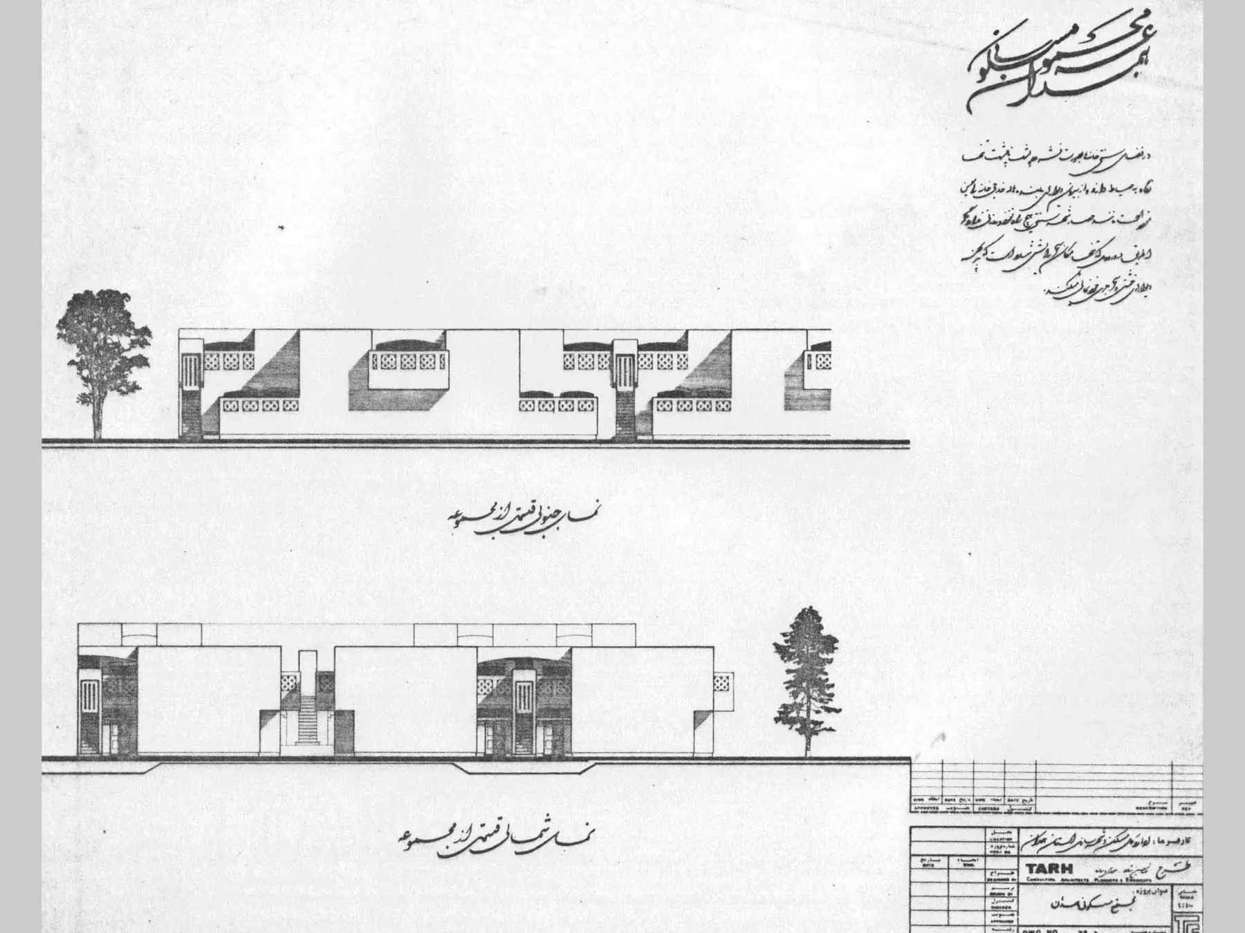 Housing elevations expressing repeated courts and roof forms