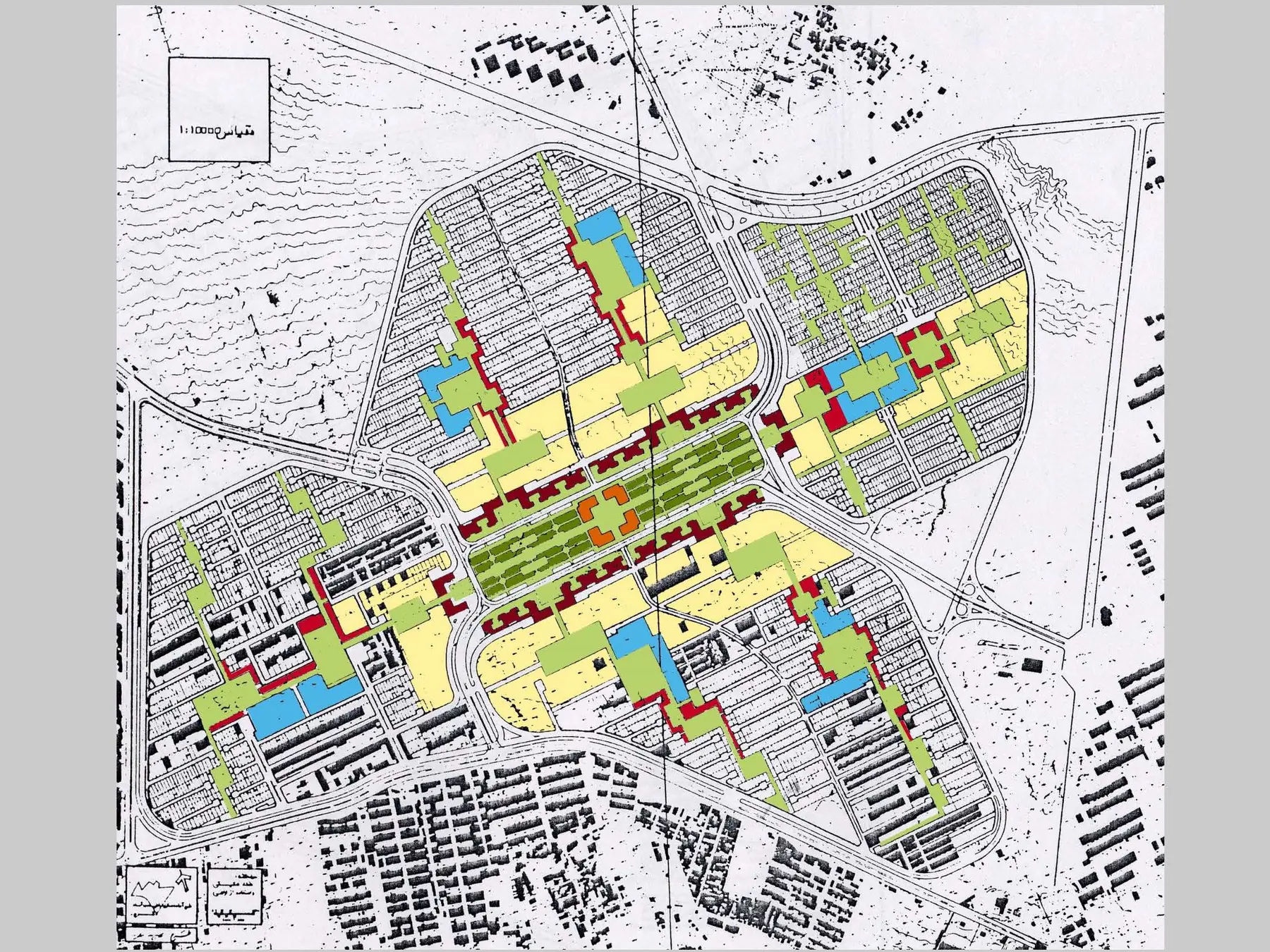 Urban master plan with civic spine and neighborhood districts