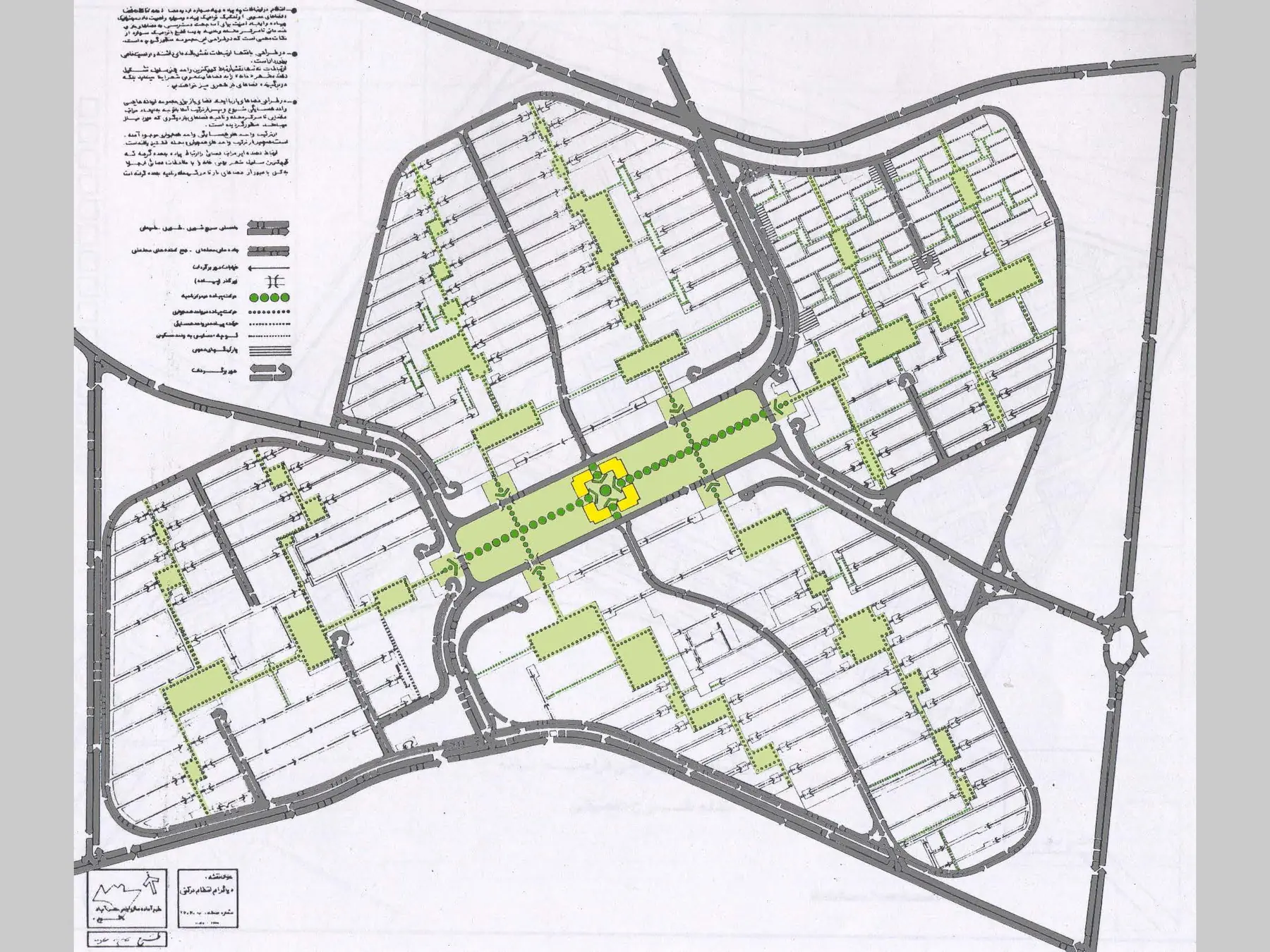 Residential district framework structured by streets and green spaces