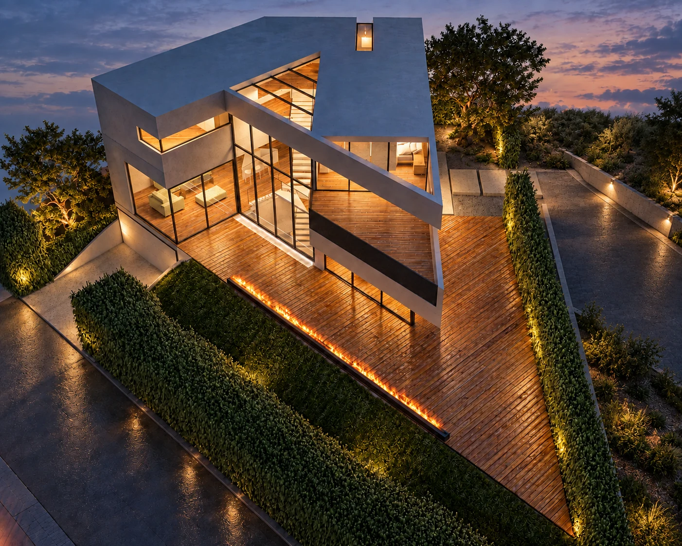 Fairburn residence at twilight with folded roof and glazed stair