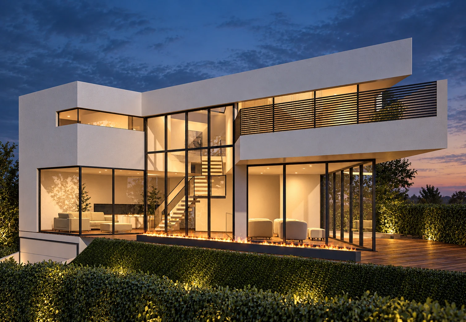 Twilight elevation showing the central glazed stair and projecting balcony with dark horizontal railing