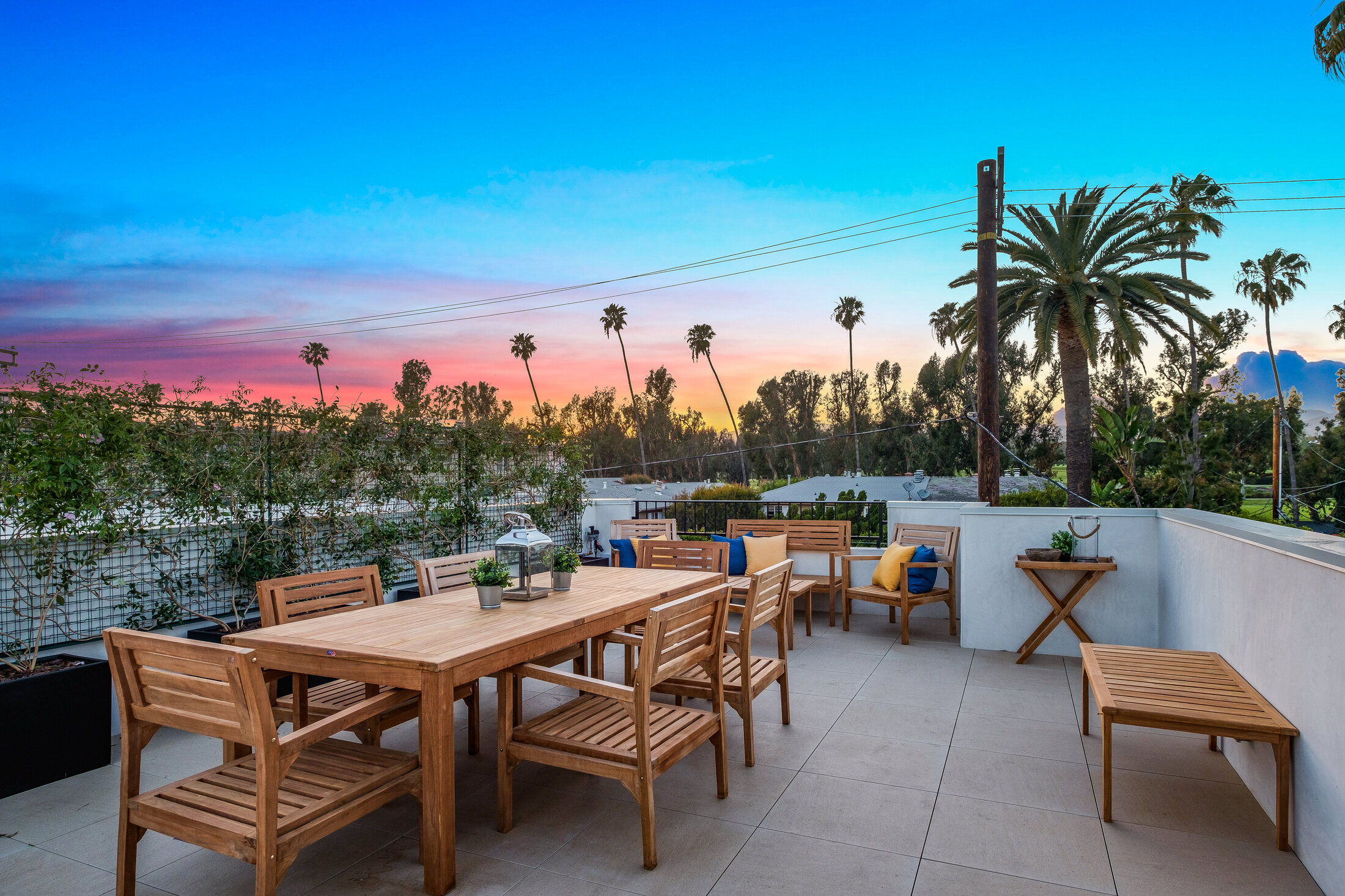 Roof terrace overlooking Los Angeles at sunset