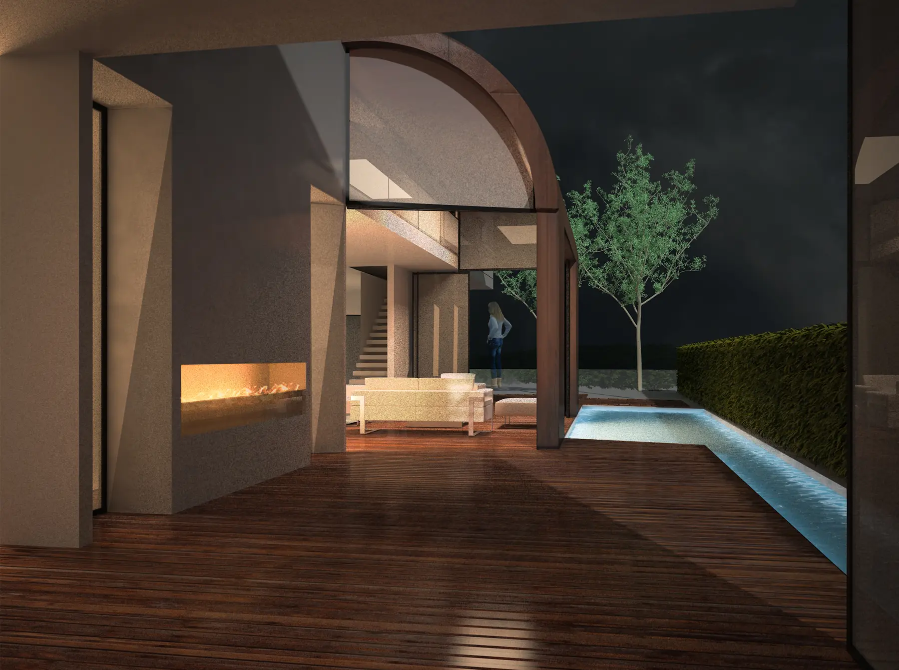 Night view through the curved architectural volumes