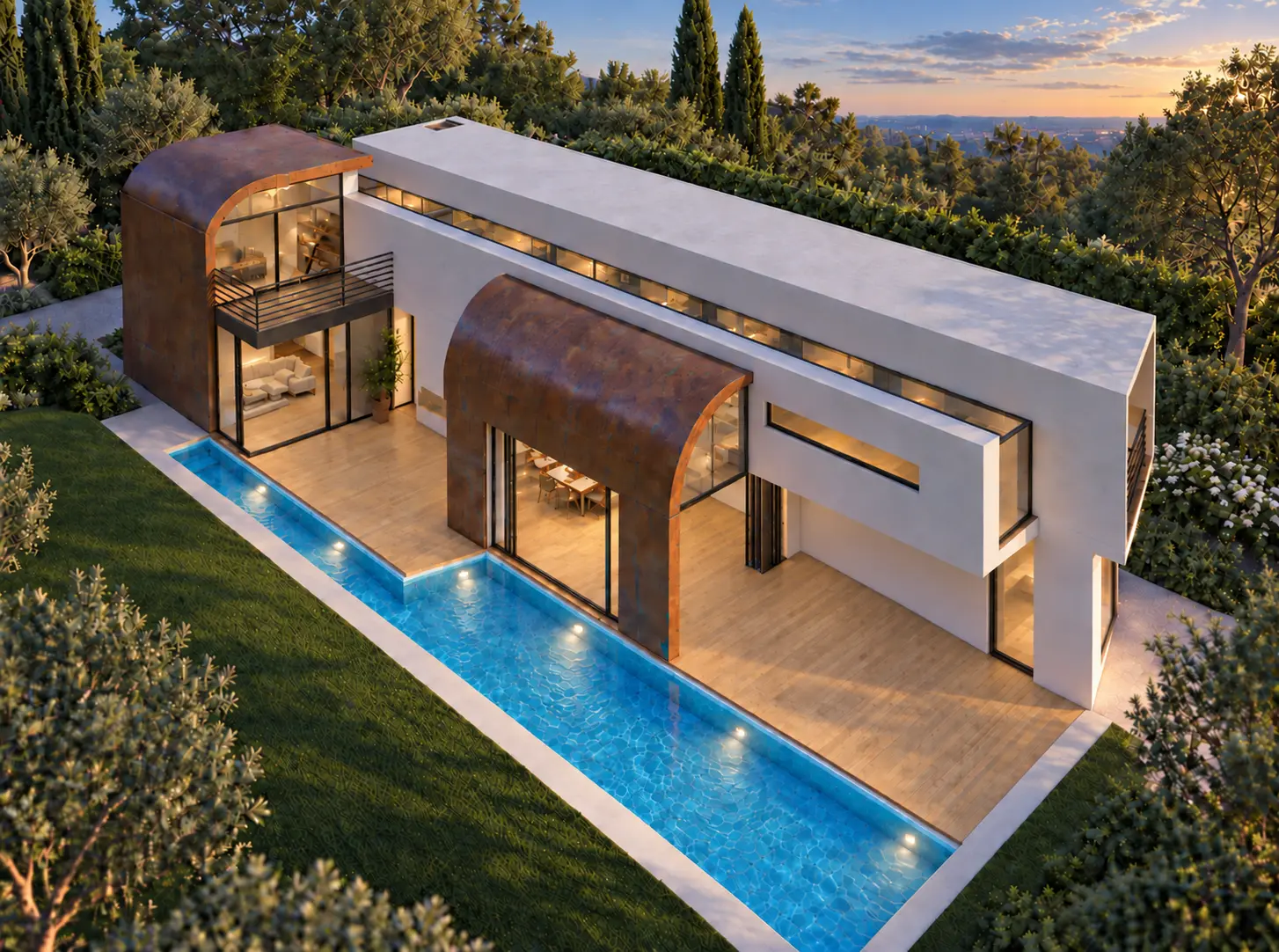 Late-afternoon aerial view of the curved roofs and linear pool