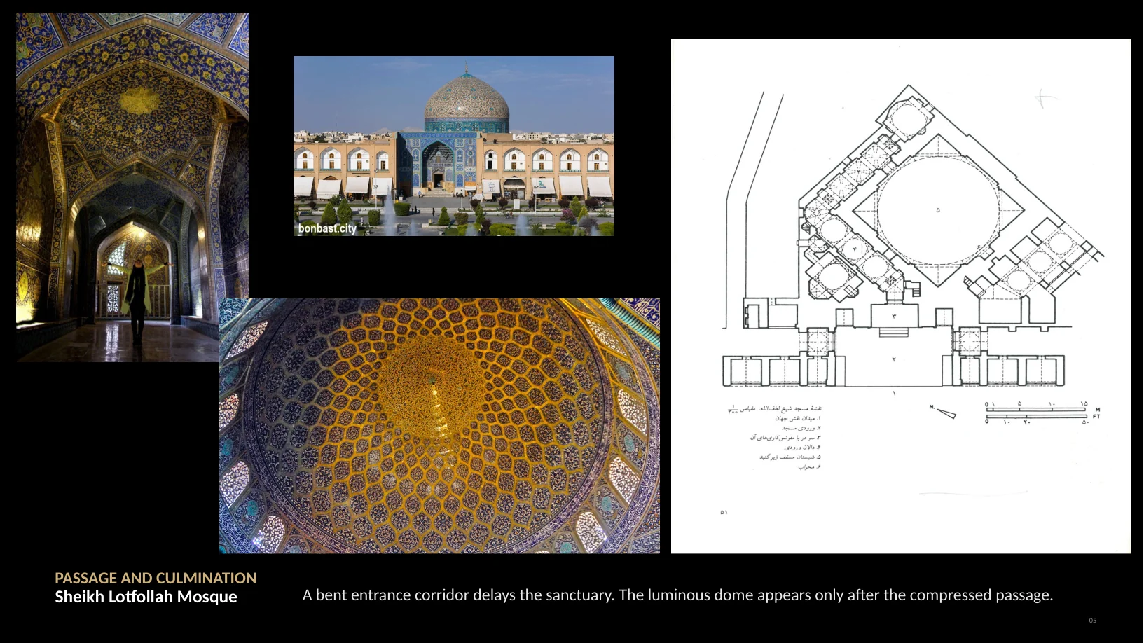 Slide 5 of 22: PASSAGE AND CULMINATION Sheikh Lotfollah Mosque A bent entrance corridor delays the sanctuary. The luminous dome appears only after the compressed passage. 05