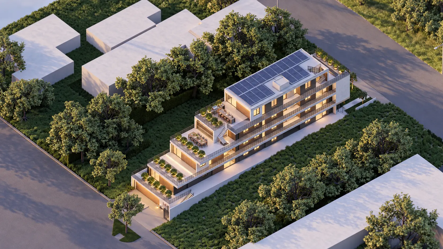 Aerial view showing the linear building, solar roof and stepped terraces
