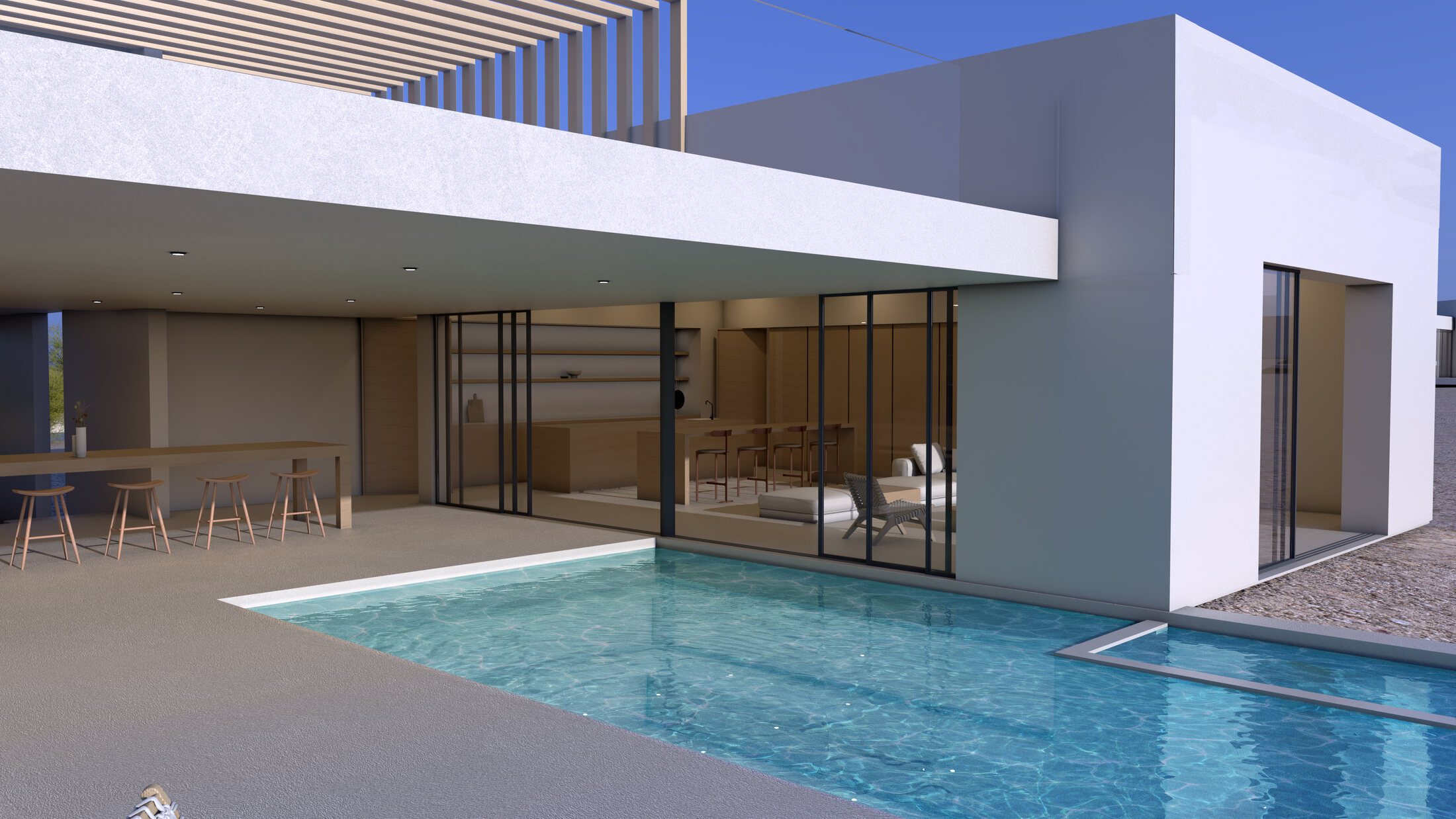 Pool court opening to the kitchen, bar and living spaces