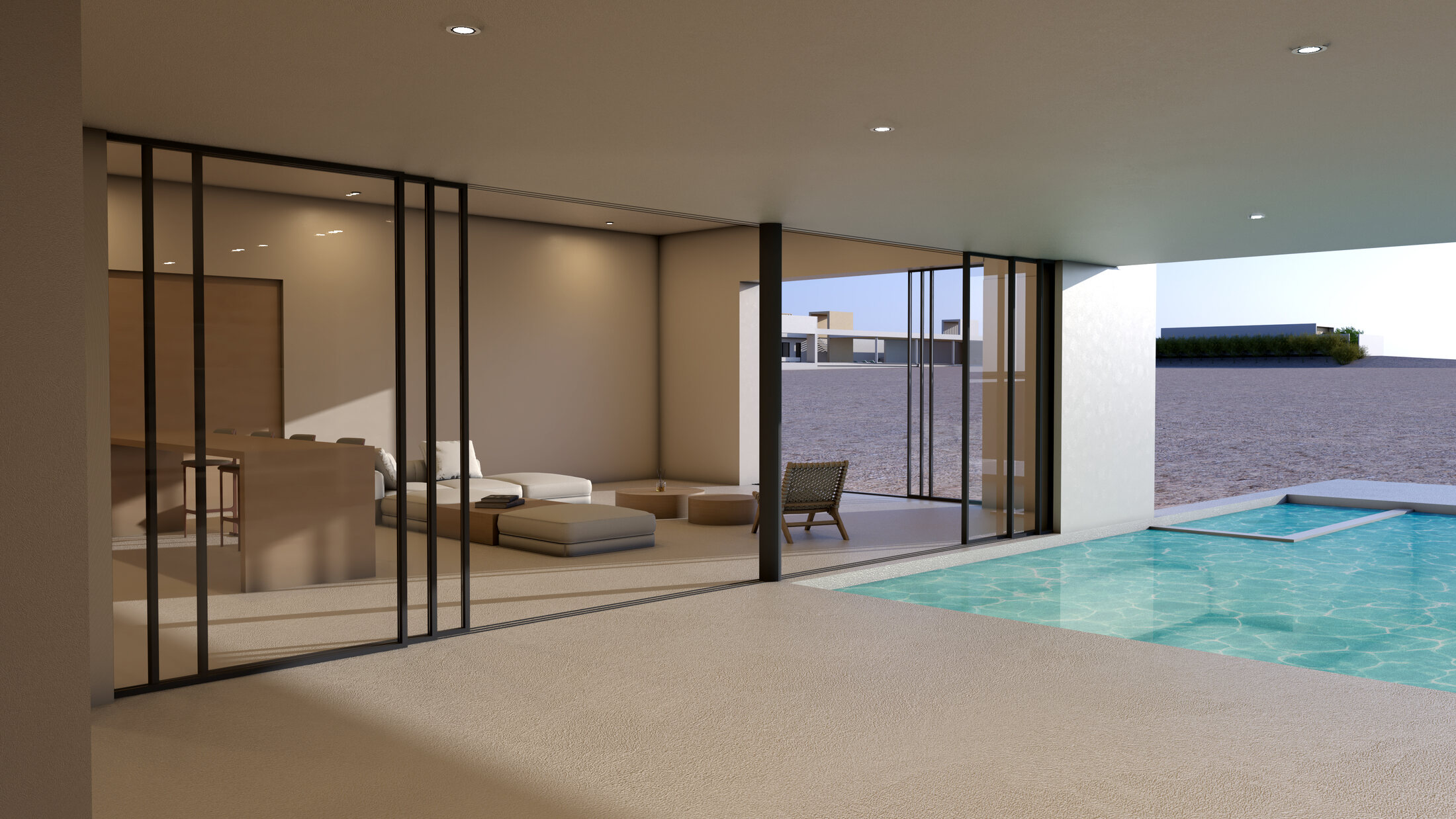 Living room opening directly to the shallow pool court