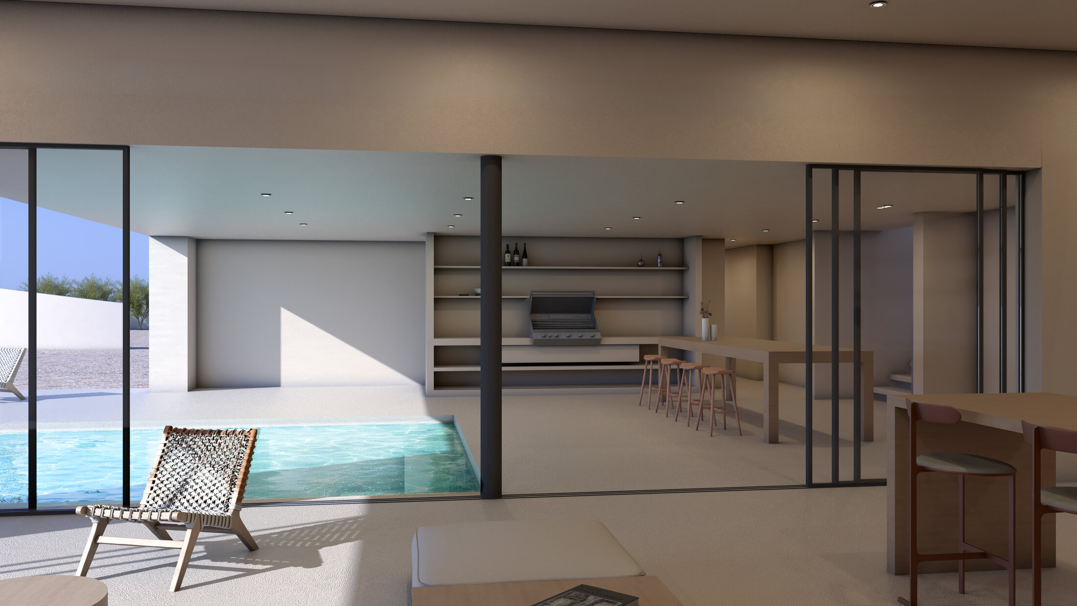 Kitchen and gathering space overlooking water and desert