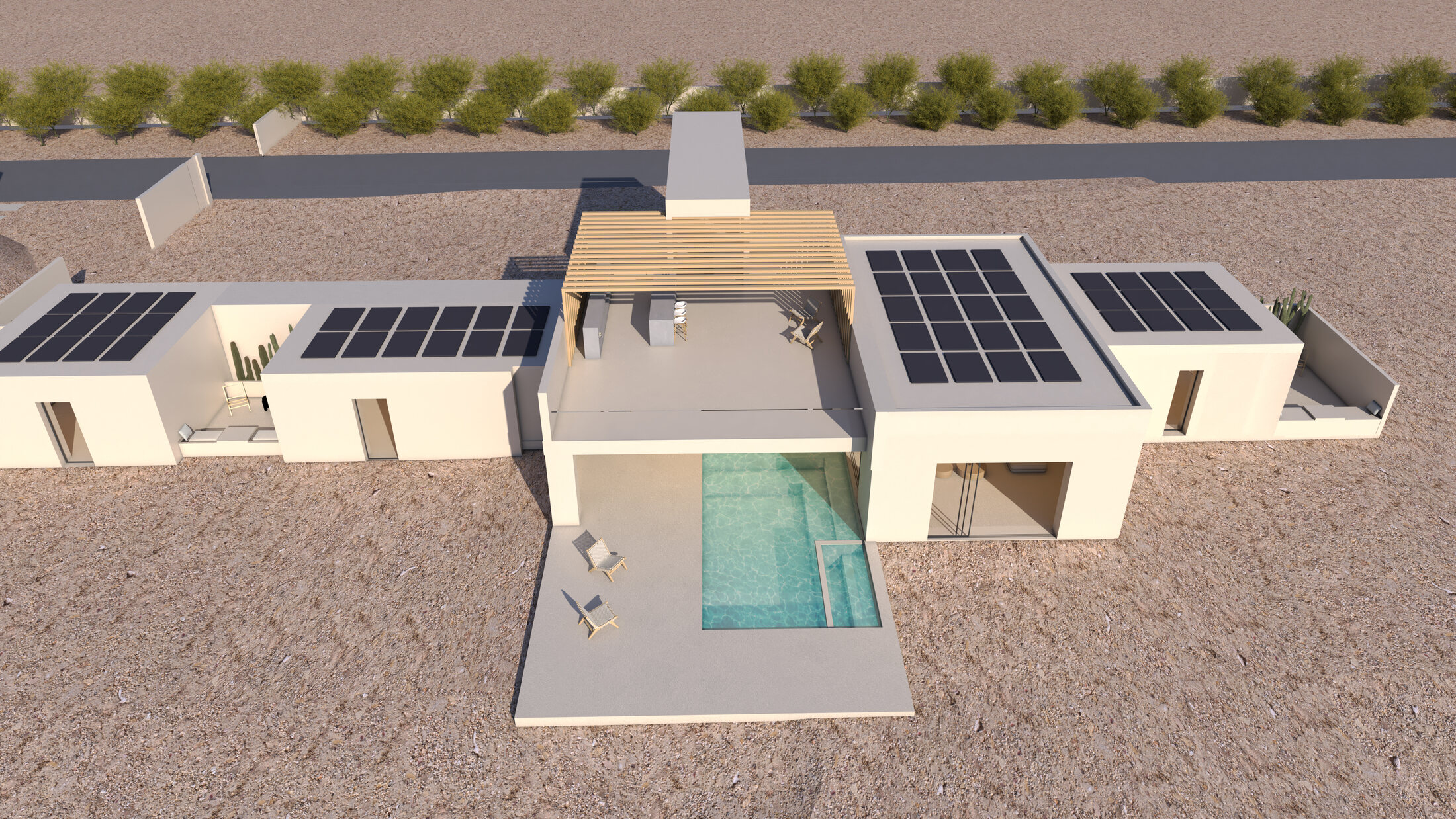 Aerial view of the retreat pool court, pergola and solar roofs