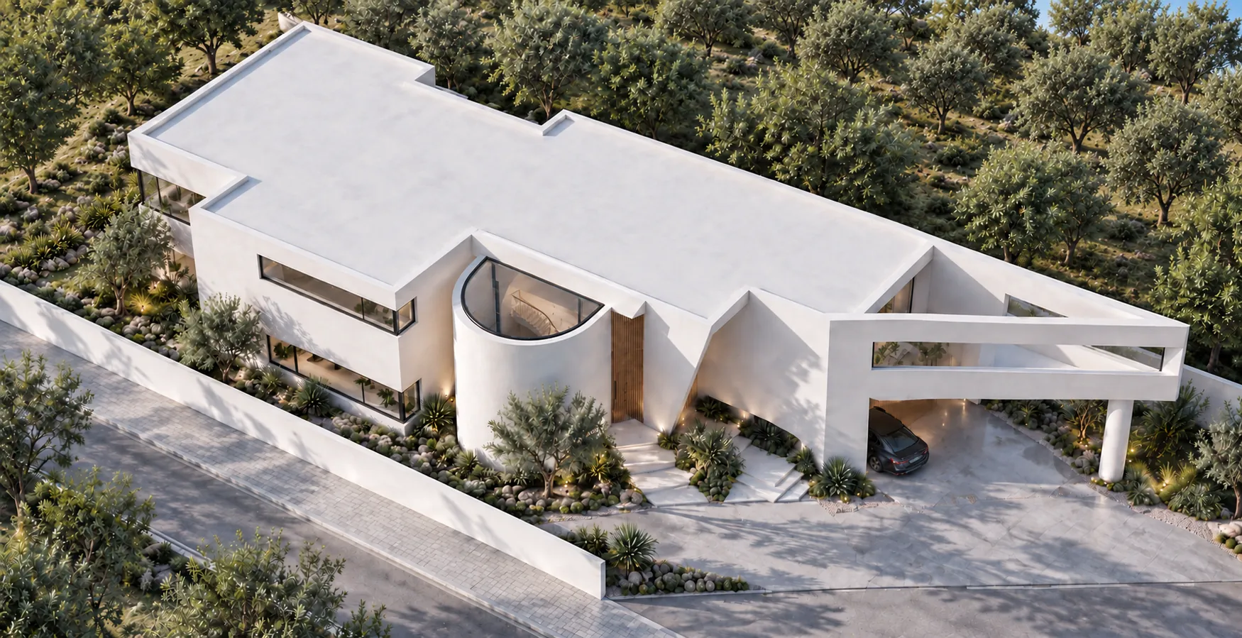 Aerial view of the white framed front unit, roof, arrival and planting