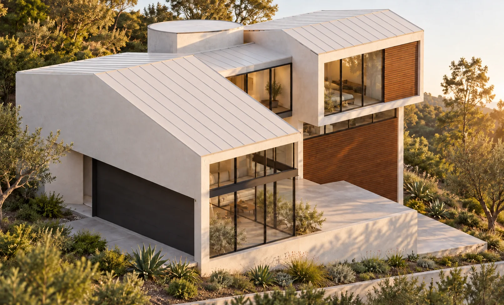 Garage-side view of the rear unit with pitched standing-seam roof and cylindrical connecting element